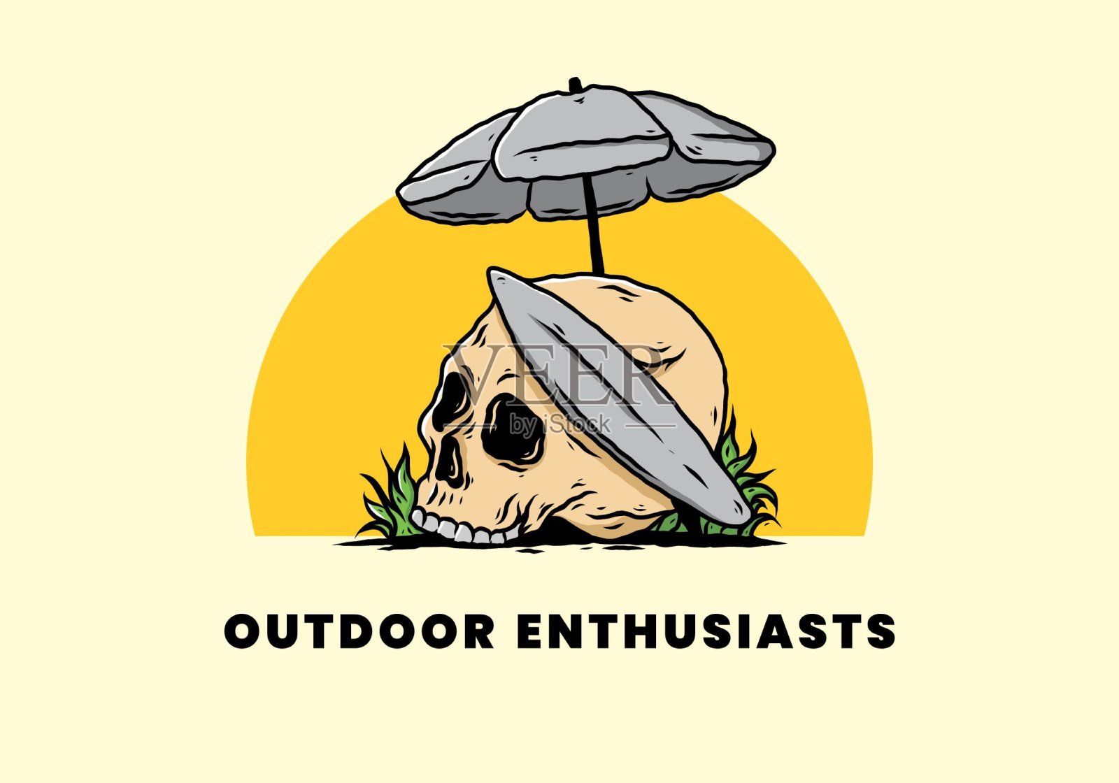 沙滩伞下的冲浪板和头骨的插图插画图片素材