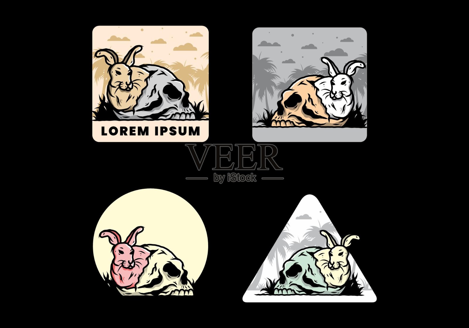 兔子藏在人类头骨插图插画图片素材