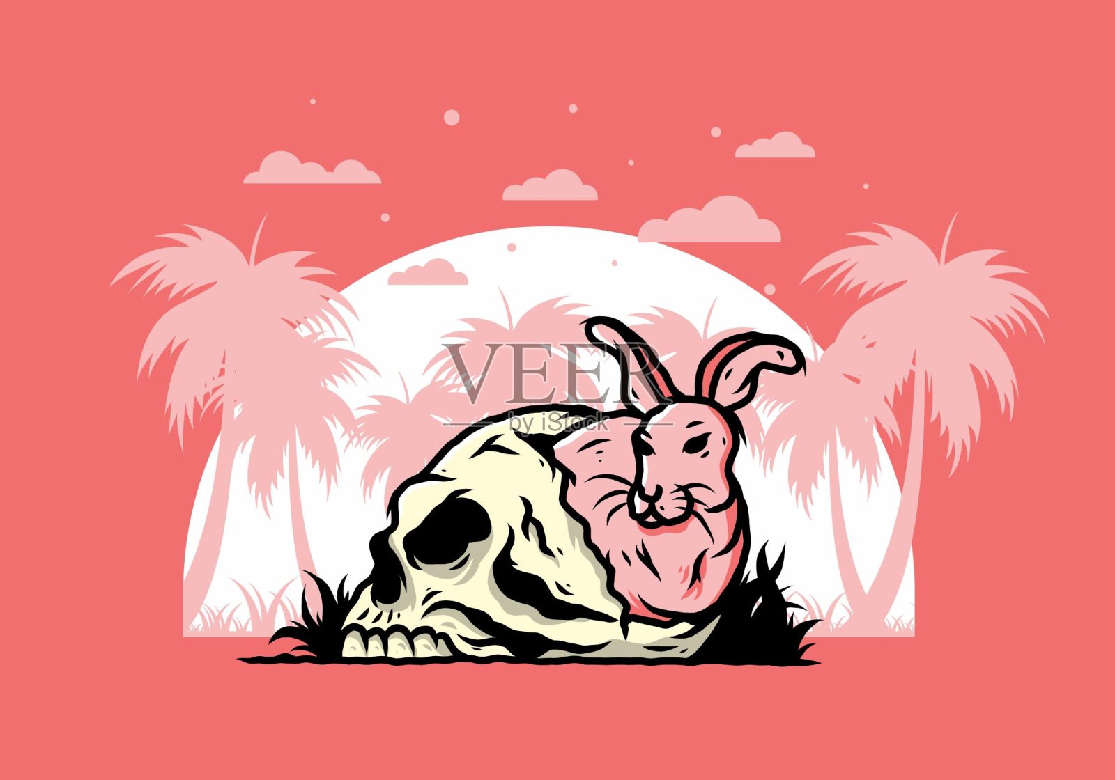 兔子藏在人类头骨插图插画图片素材