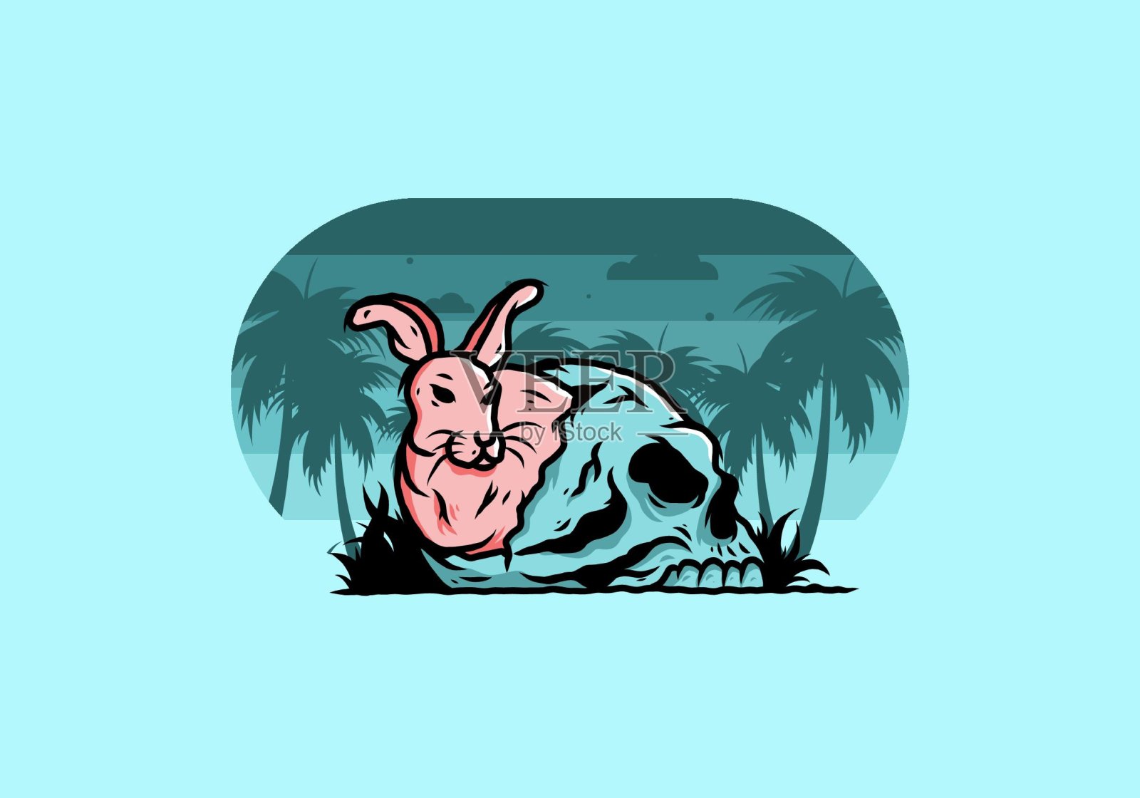 兔子藏在人类头骨插图插画图片素材