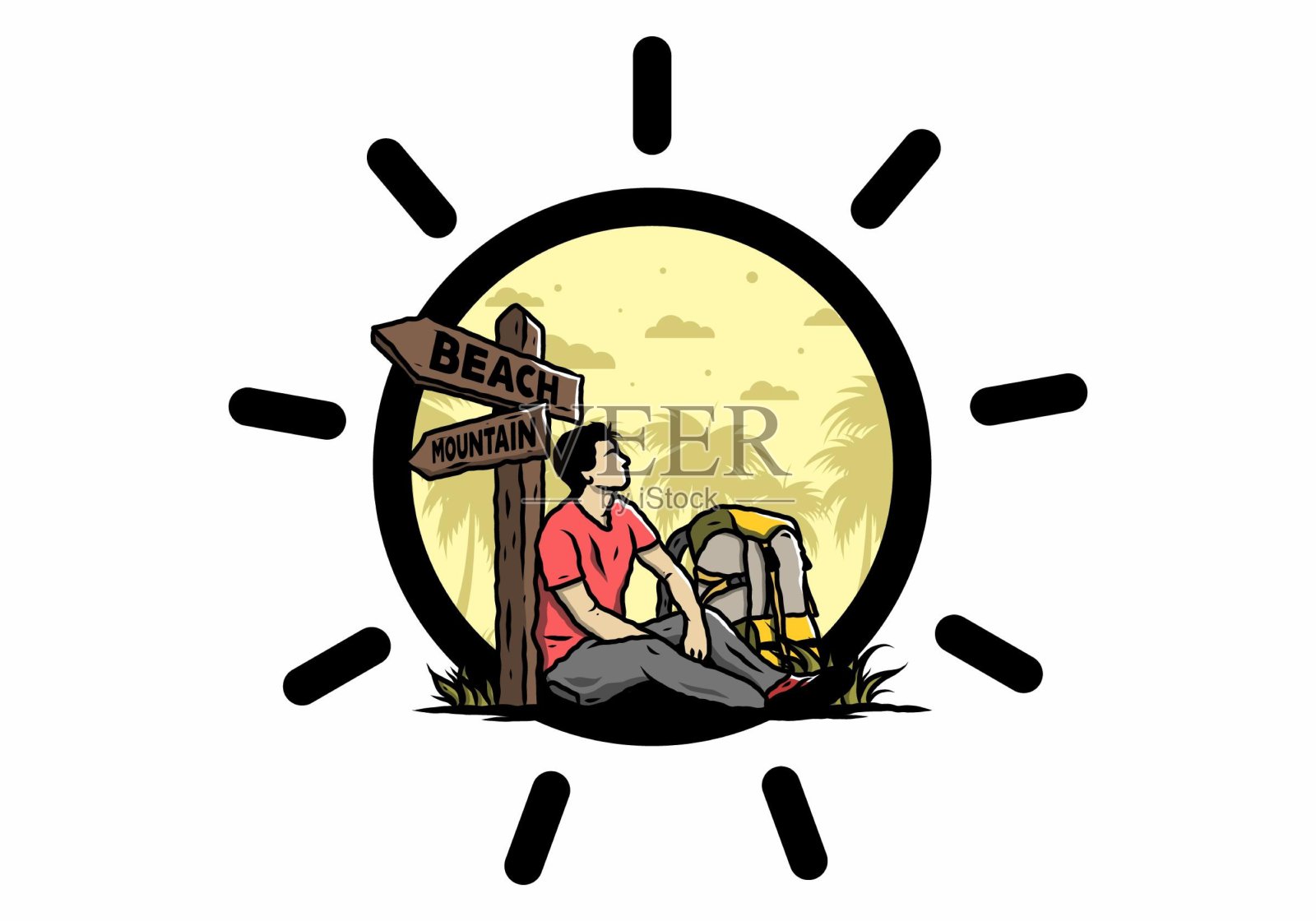 男人坐在路牌旁的地上，海滩和山脉插图插画图片素材