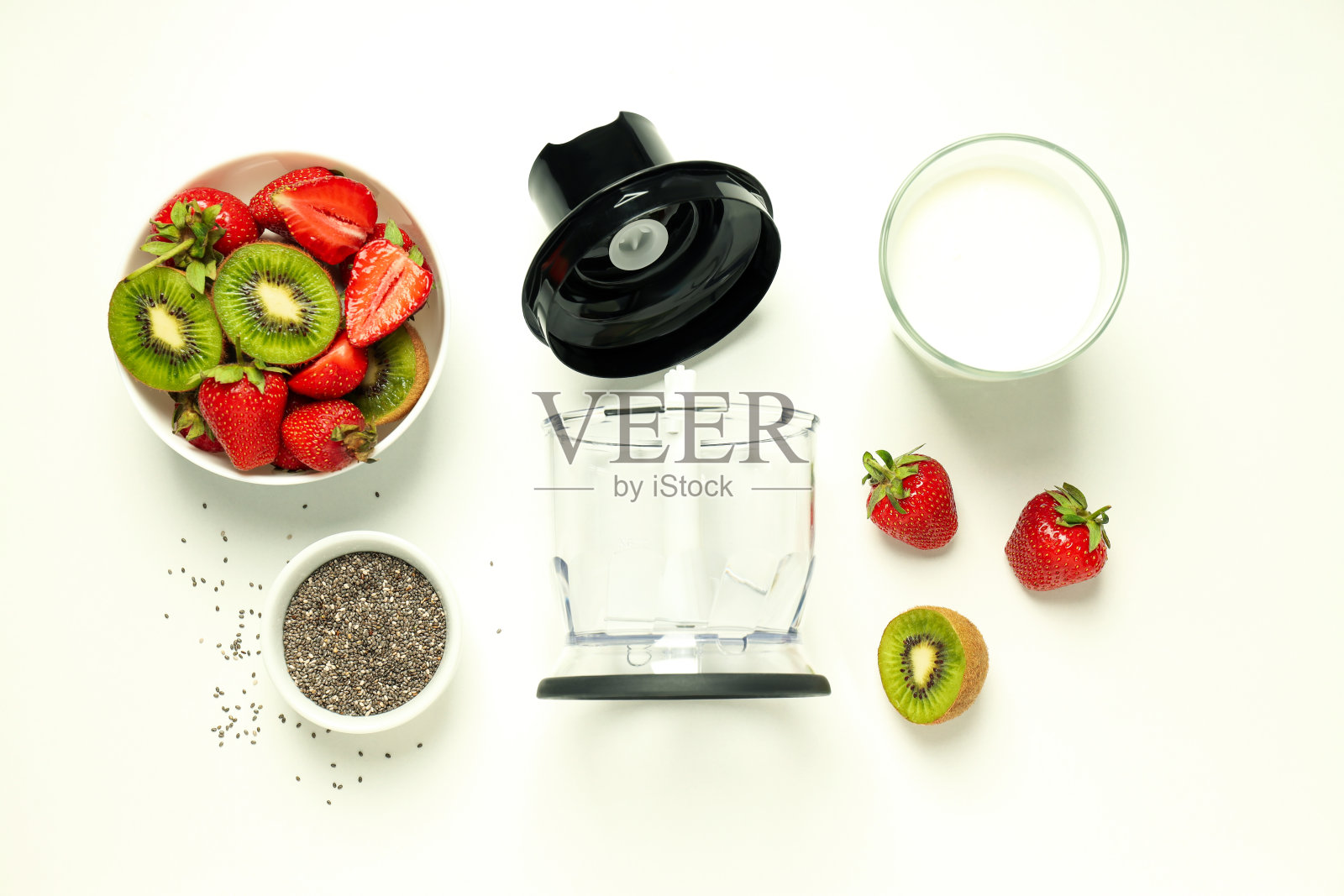 用搅拌机烹饪食物的概念，俯视图照片摄影图片