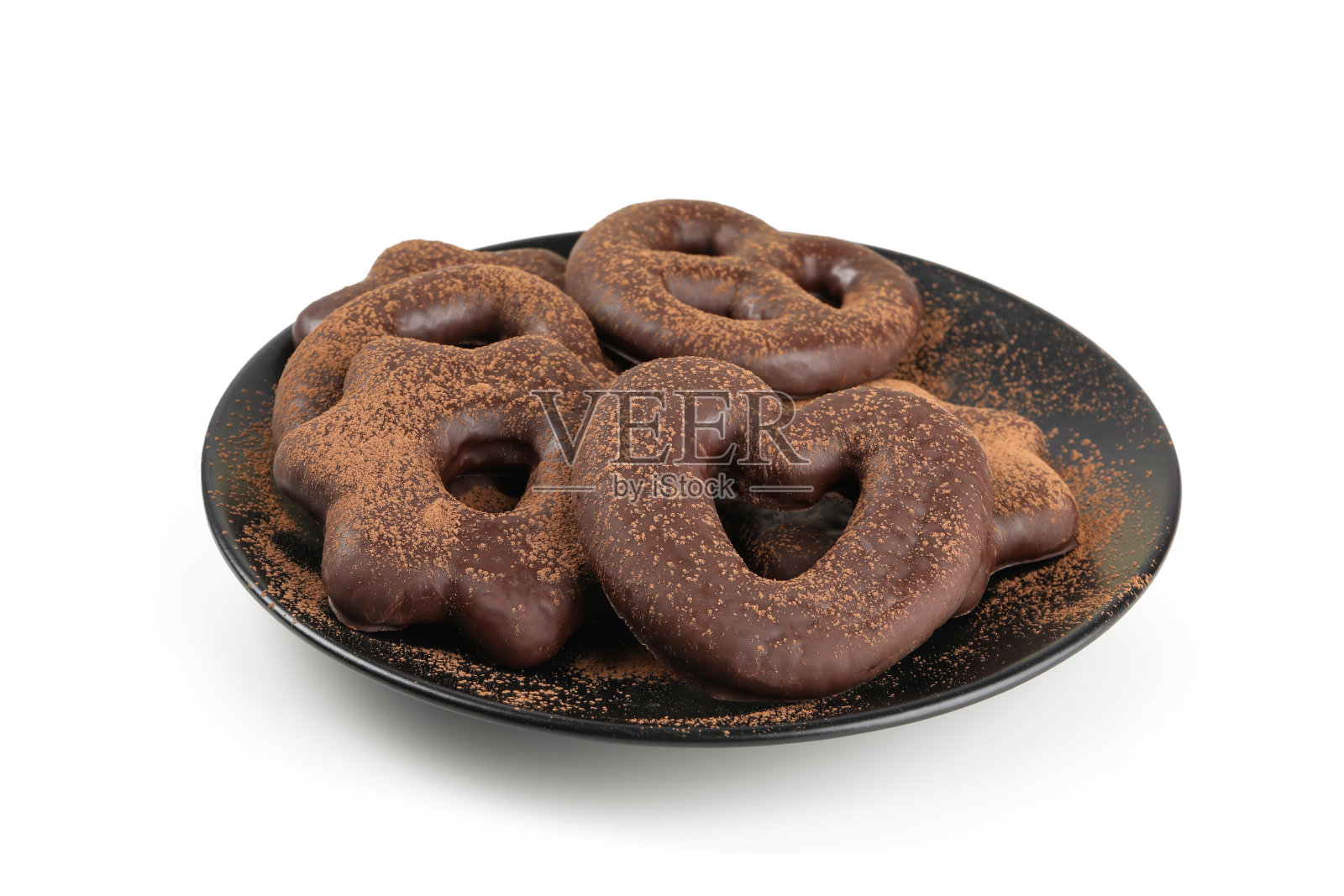 盘子与姜饼饼干在巧克力孤立的白色背景照片摄影图片