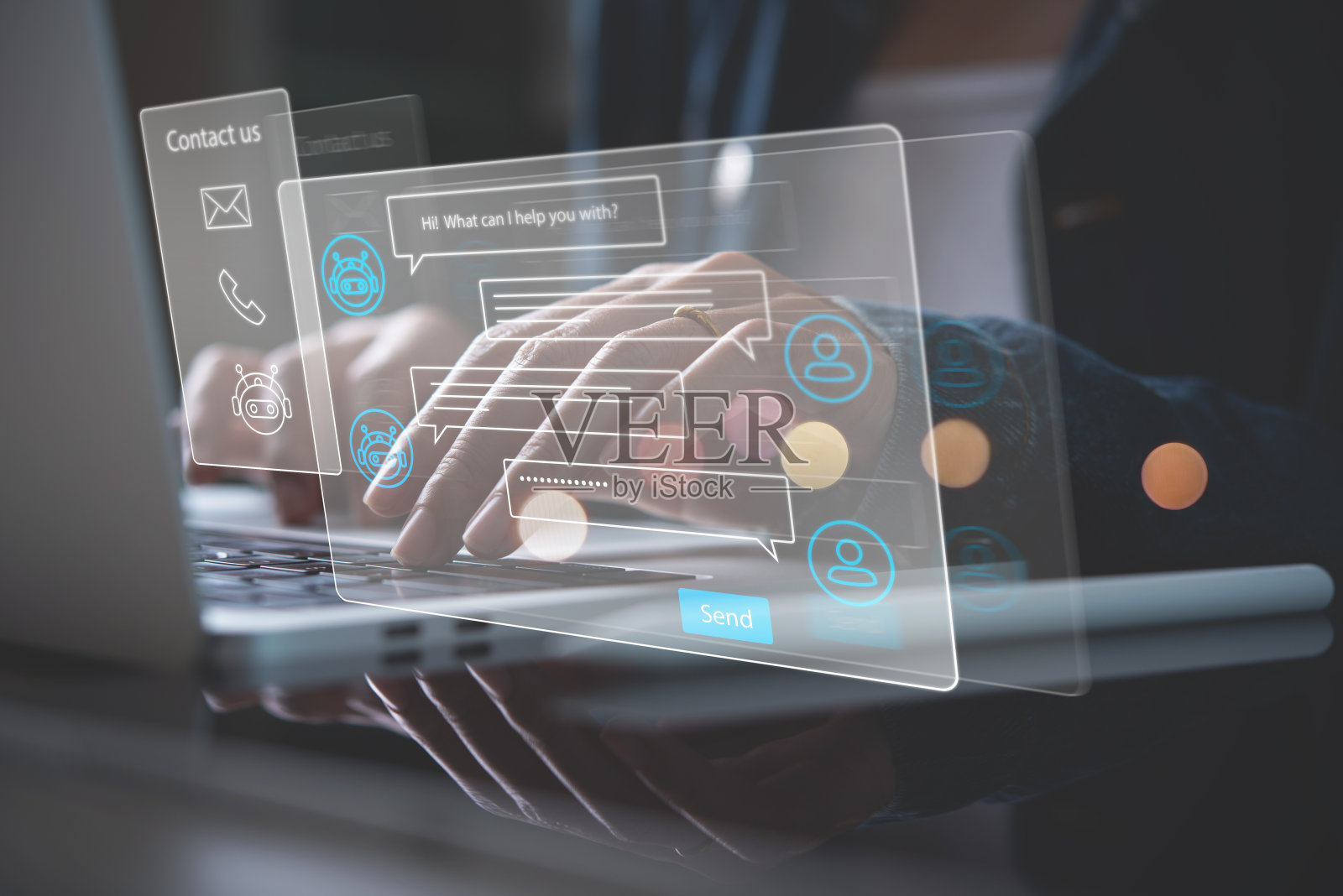 聊天机器人对话助手。使用聊天机器人的在线客服获得支持的人。人工智能和CRM软件自动化技术，客户支持中心照片摄影图片