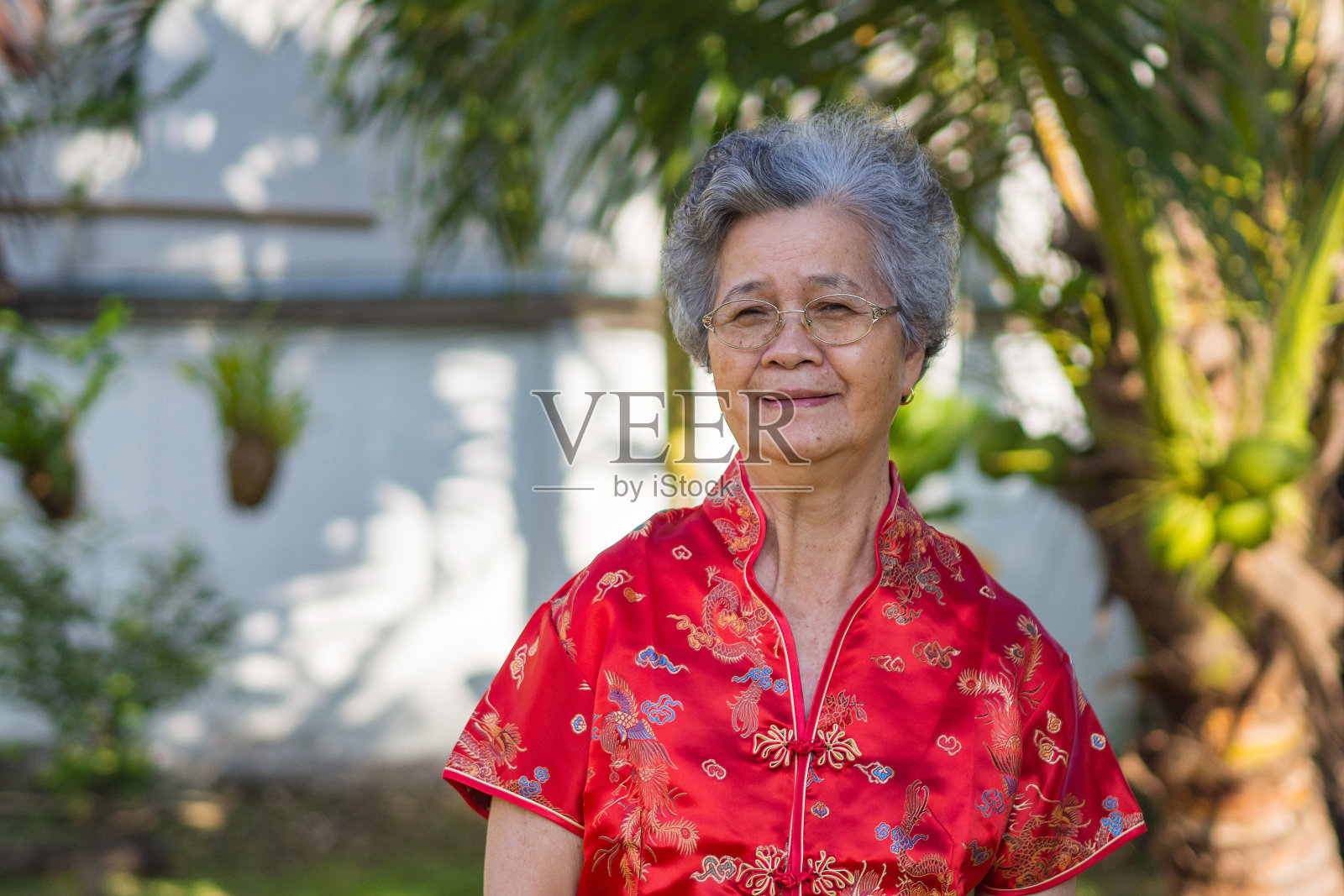 一位身穿红色旗袍的亚洲老妇人站在花园里。照片摄影图片
