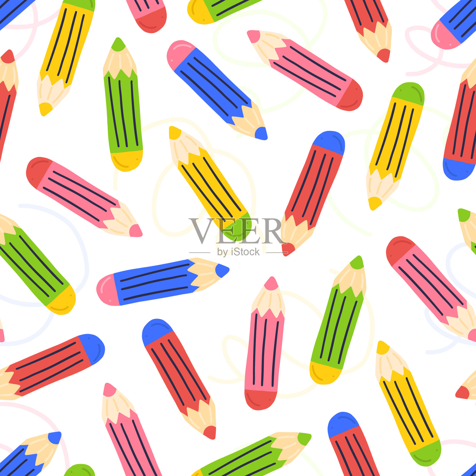 无缝图案与彩色铅笔在一个白色的背景。插画图片素材
