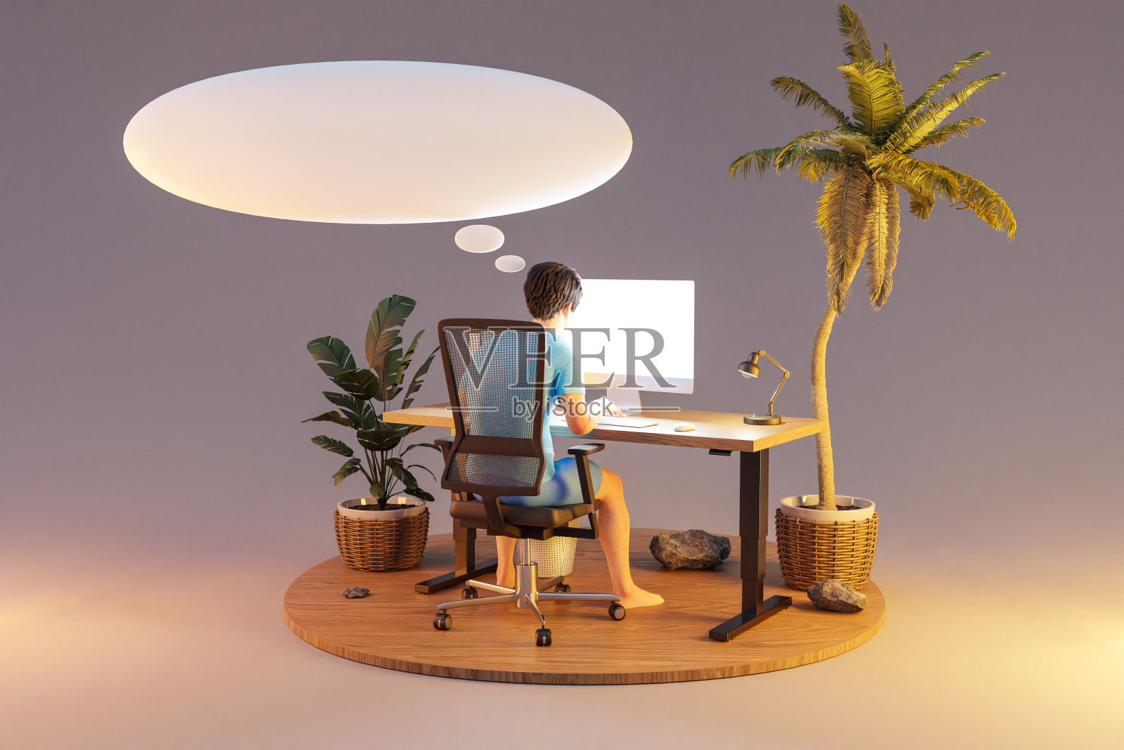 在孤立的热带岛屿环境中，坐在电脑办公室工作场所的人;无限背景语音气泡;工作压力倦怠概念;三维演示照片摄影图片