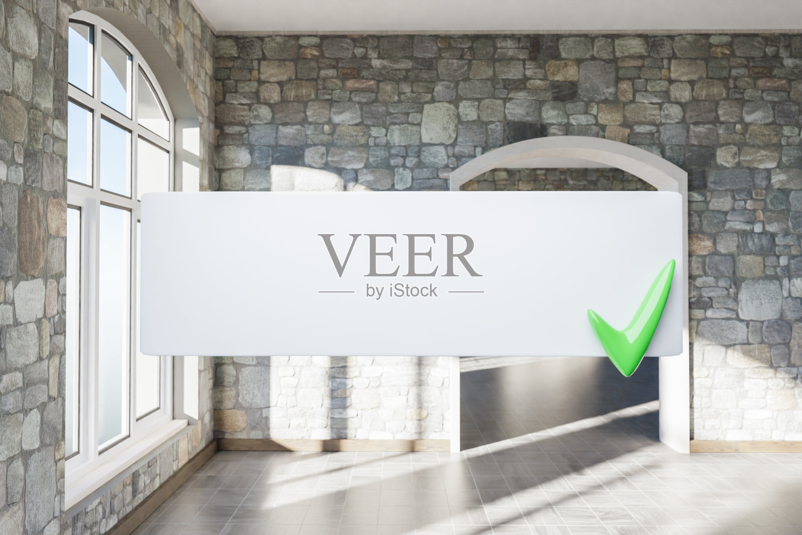 搜索框文本漂浮在空中，站在豪华的阁楼公寓与拱形窗户和简约的室内客厅设计;三维演示照片摄影图片