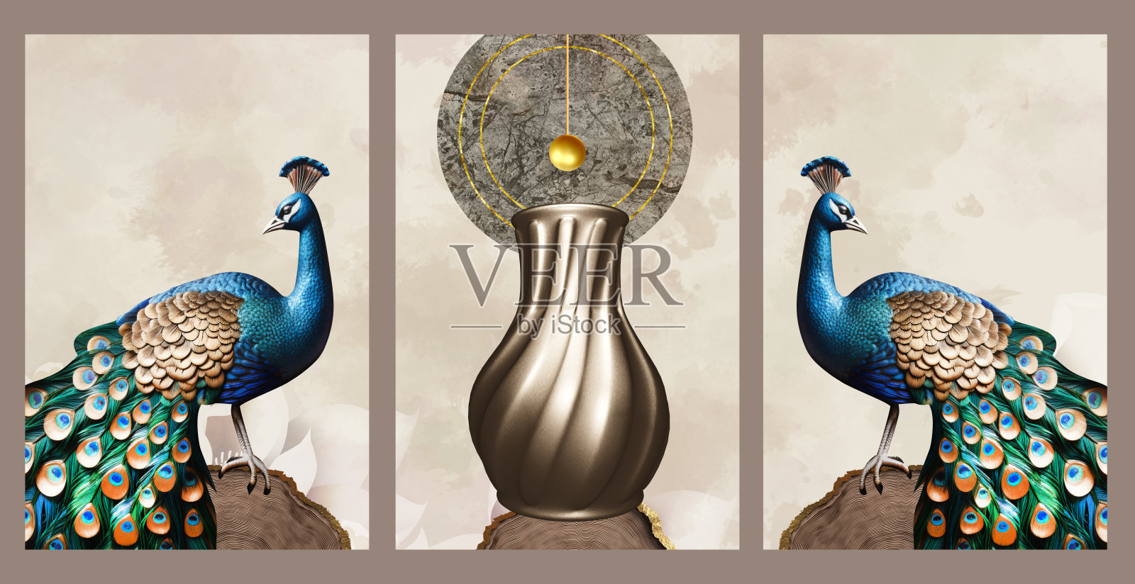 3d插图墙艺术装饰。金色的花瓶，一只彩色的孔雀在绘画艺术品的背景装饰照片摄影图片