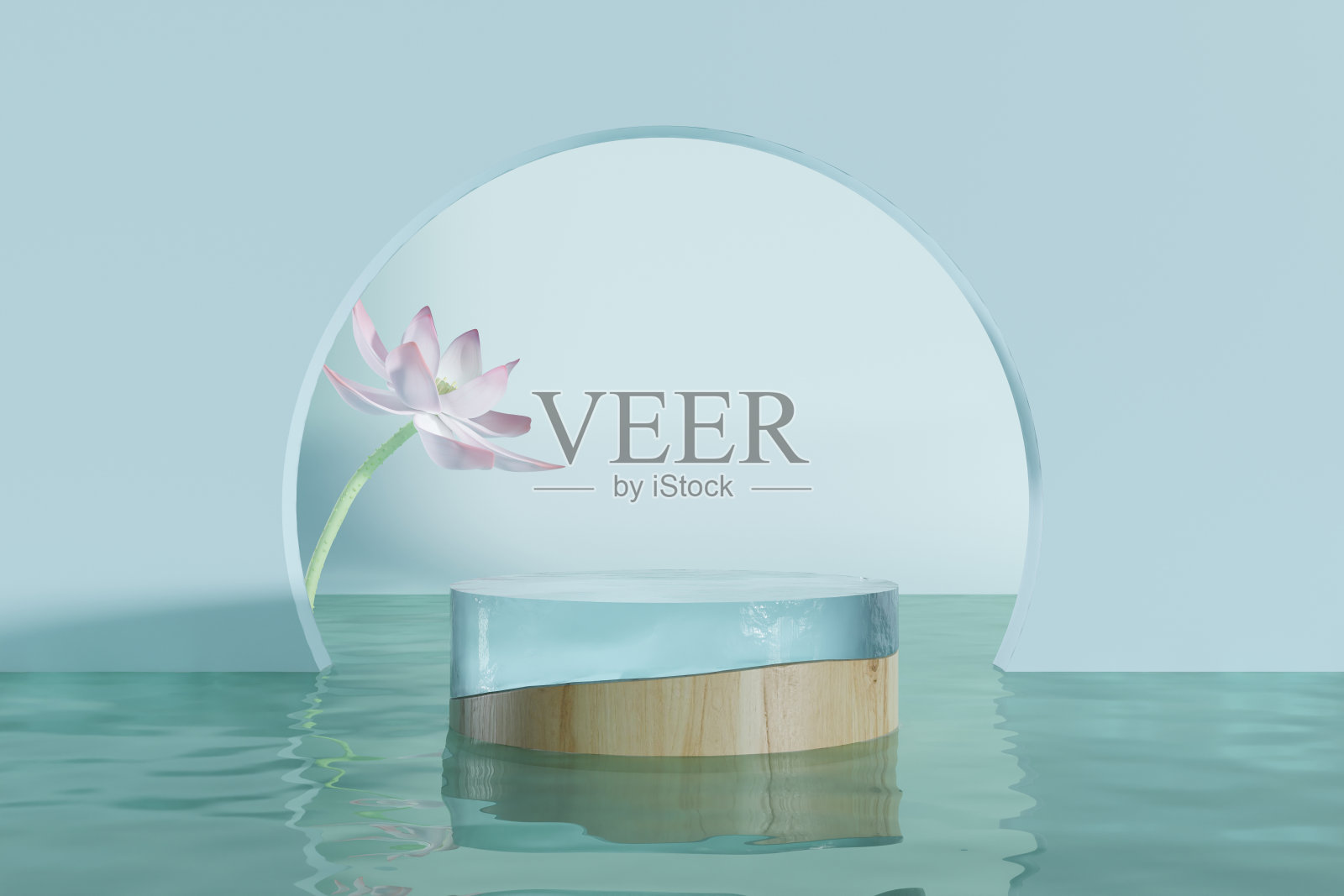 3d渲染玻璃和水晶底座的背景，冰和木制的讲台上的水面，背景蓝色拱门和莲花的产品展示，化妆品，模型或等照片摄影图片