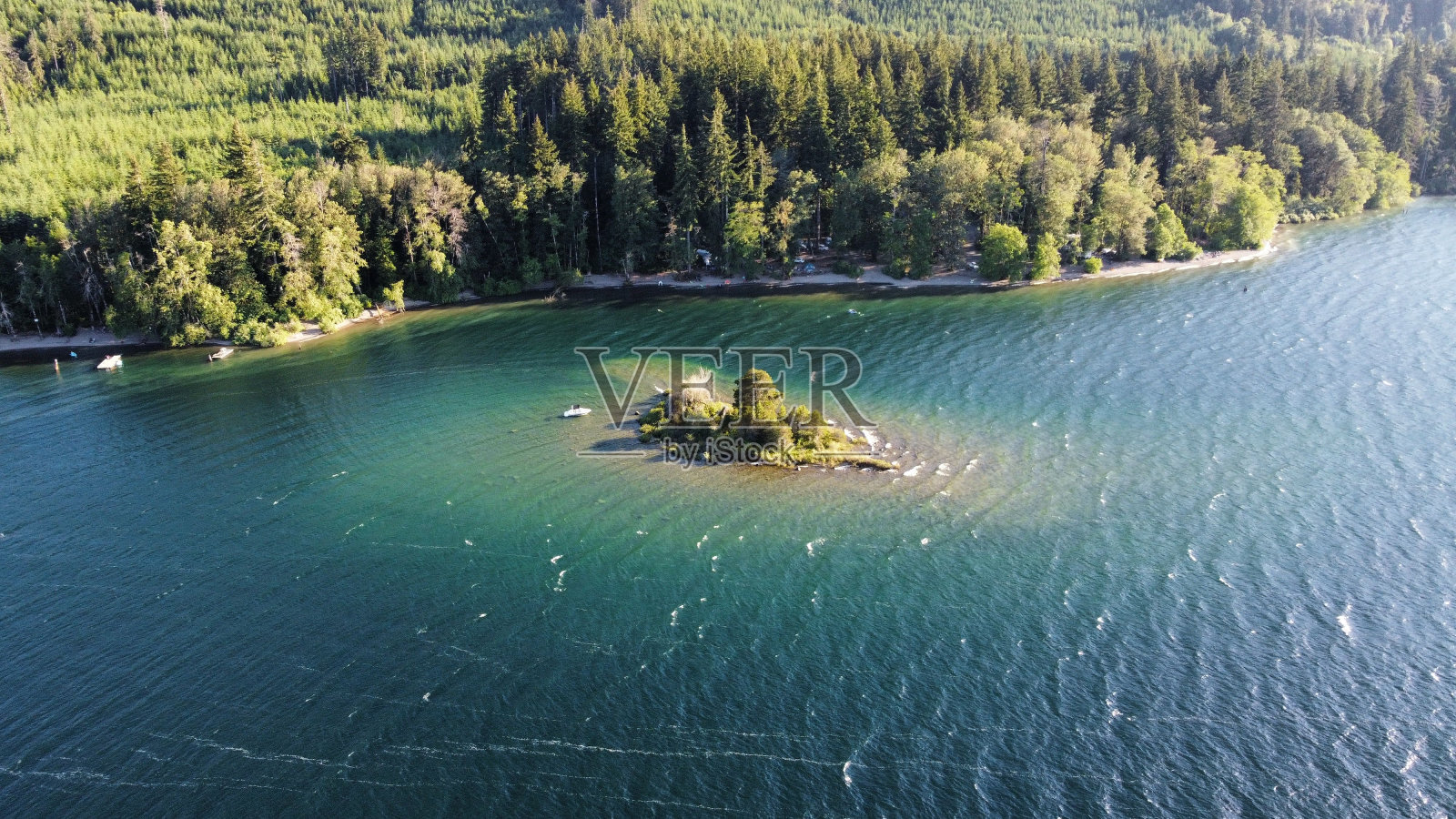 湖中央的一个小岛，四周都是树照片摄影图片