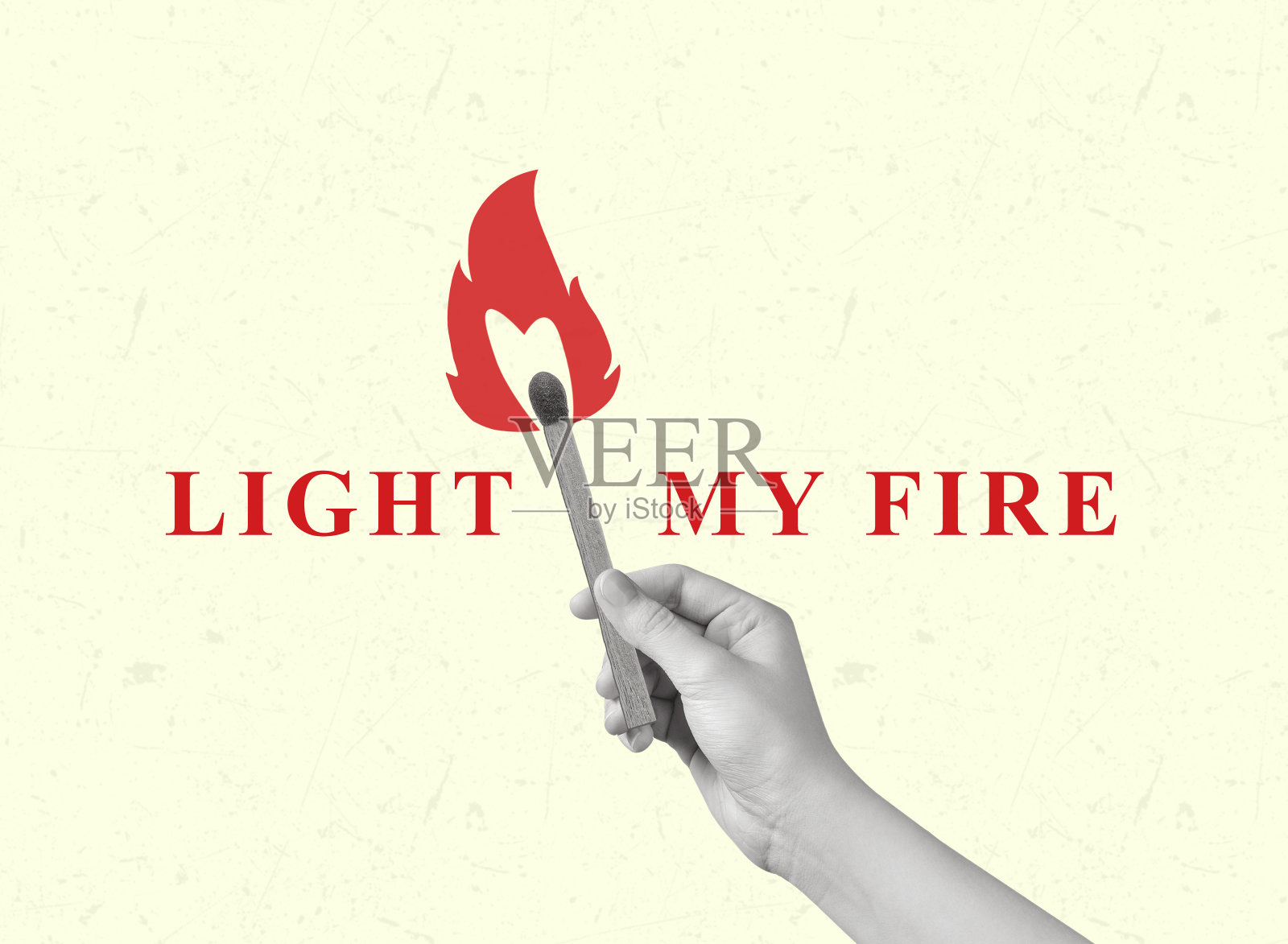 手握燃烧的火柴的当代艺术拼贴画。照片摄影图片