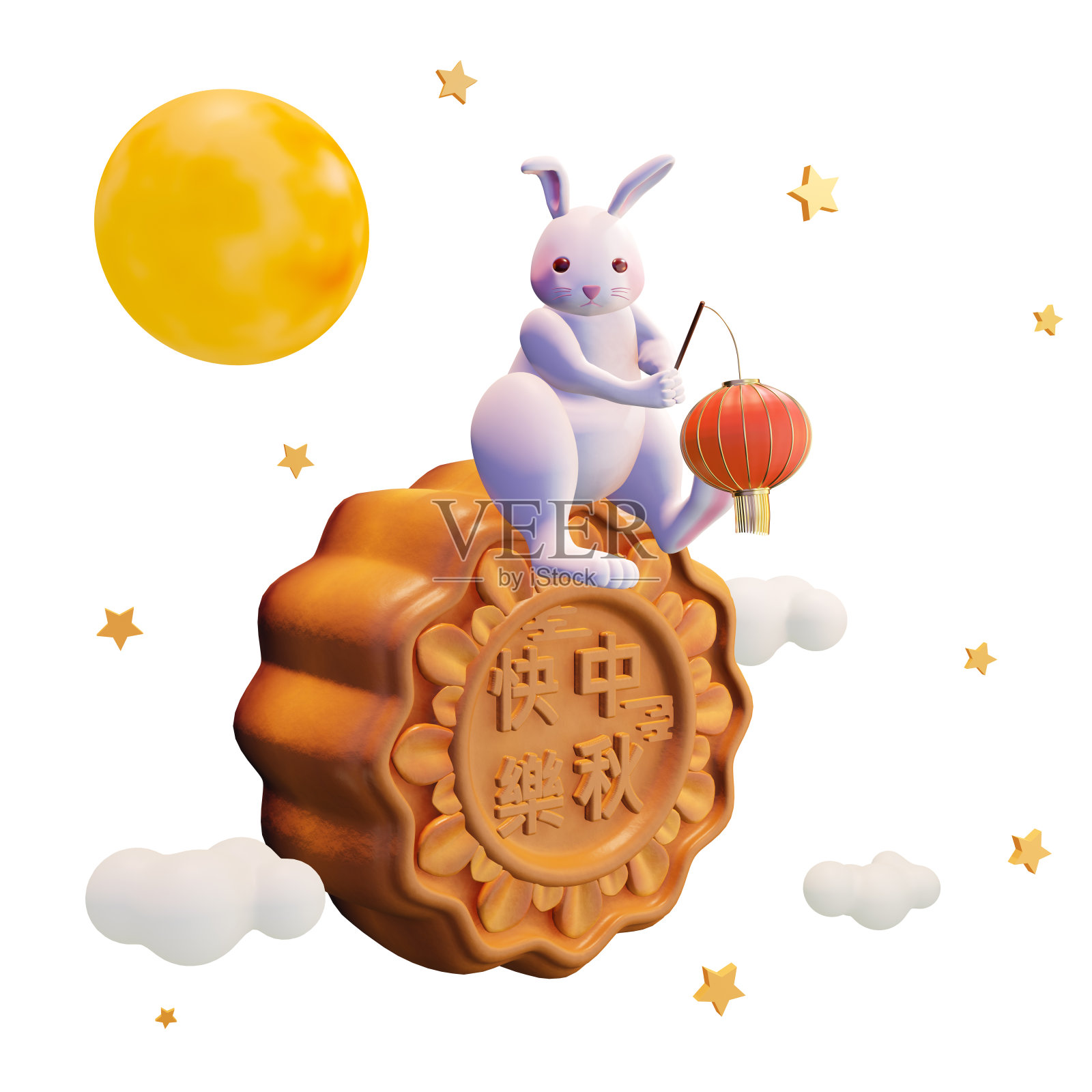 3D渲染中秋月饼和月兔照片摄影图片