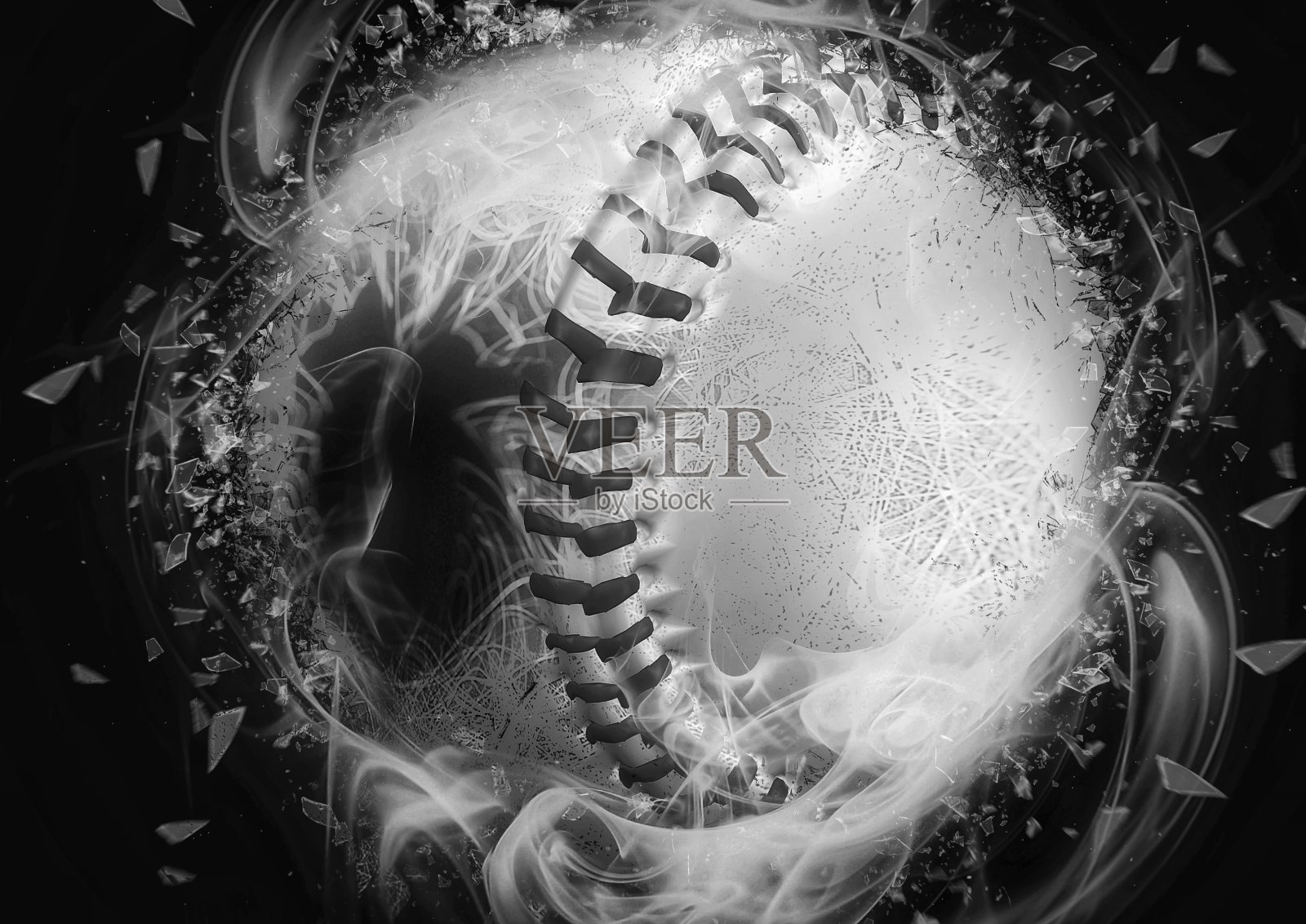 一个棒球爆炸和喷出烟雾的3d插图照片摄影图片