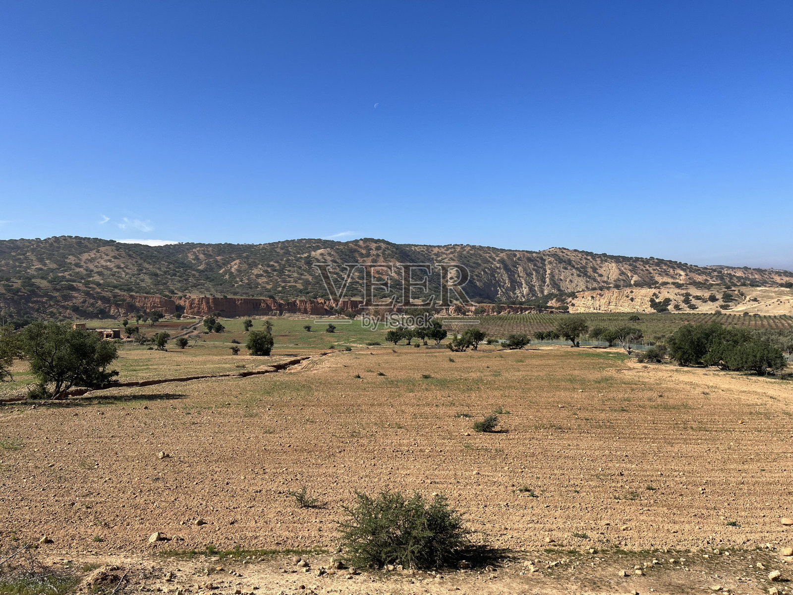 摩洛哥，非洲:索维拉和塔加佐特之间的阿甘平原中部的道路和峡谷照片摄影图片