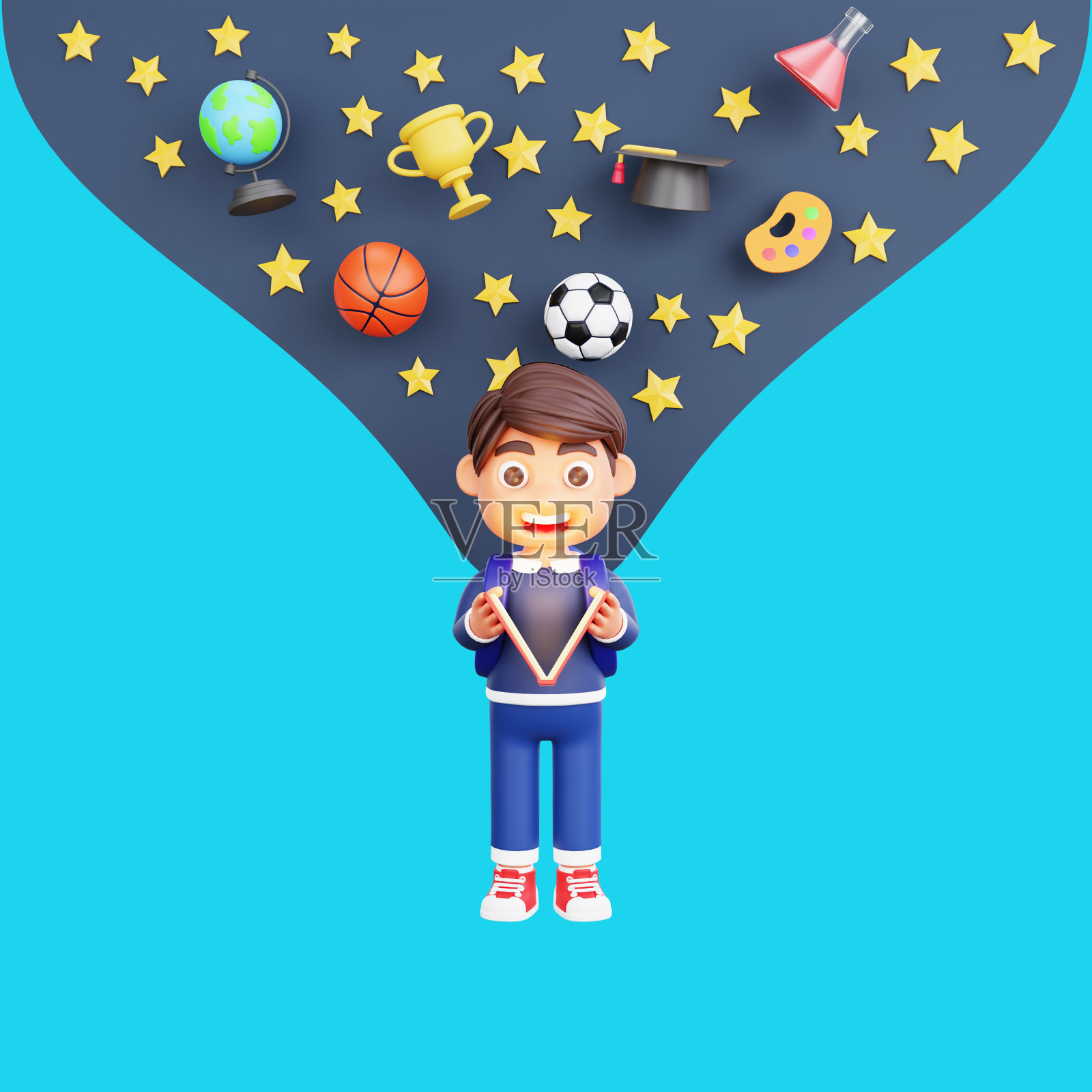 3d可爱人物科普书，实现许愿返校的理念照片摄影图片