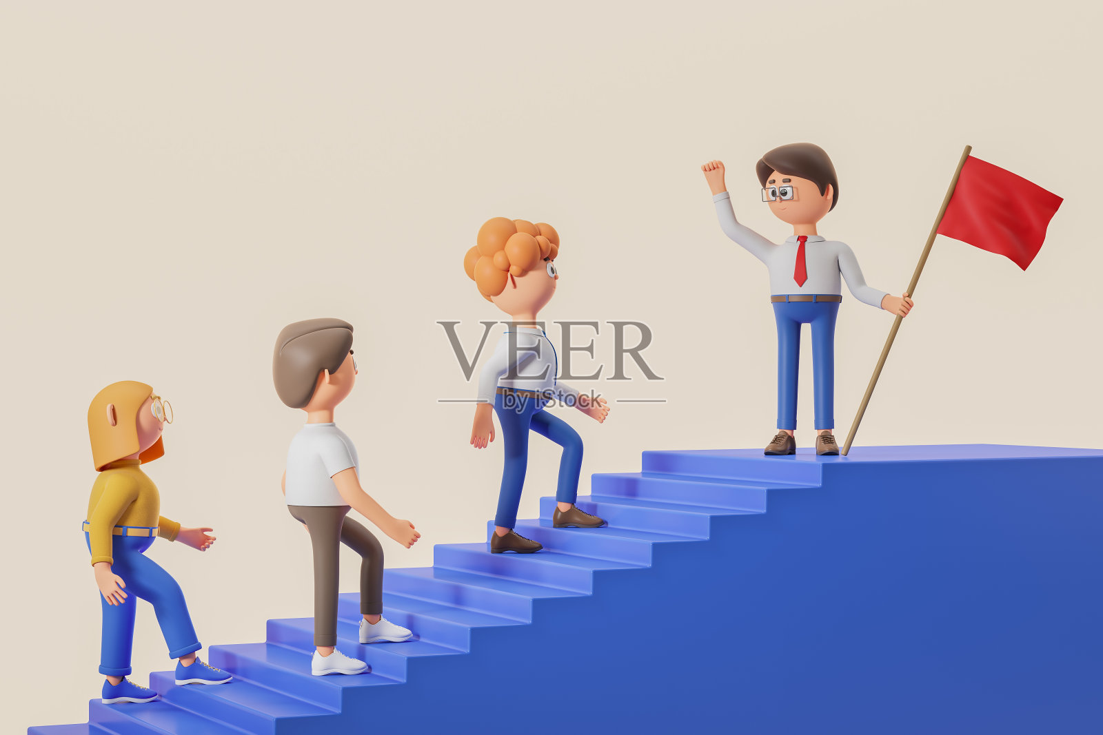 3 d渲染。在楼梯口举着红旗的卡通人，队长照片摄影图片