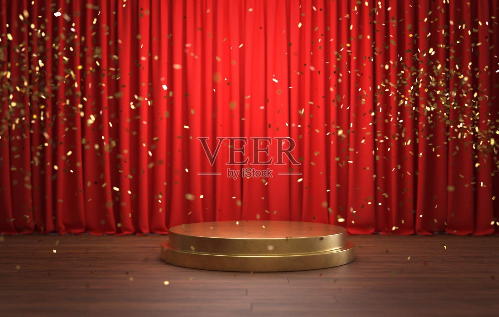 一个有金色讲台和红色幕布的舞台，幕布的背景是金色的五彩纸屑。照片摄影图片