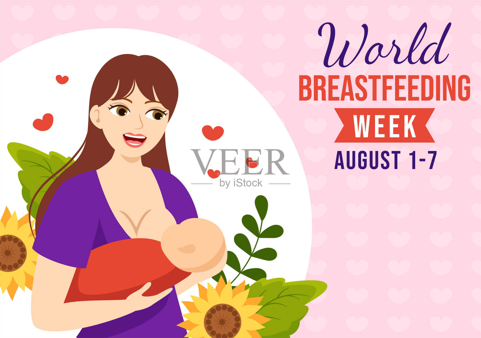 世界母乳喂养周矢量插图与母乳喂养婴儿从一个女人的乳房在平面卡通手绘模板插画图片素材