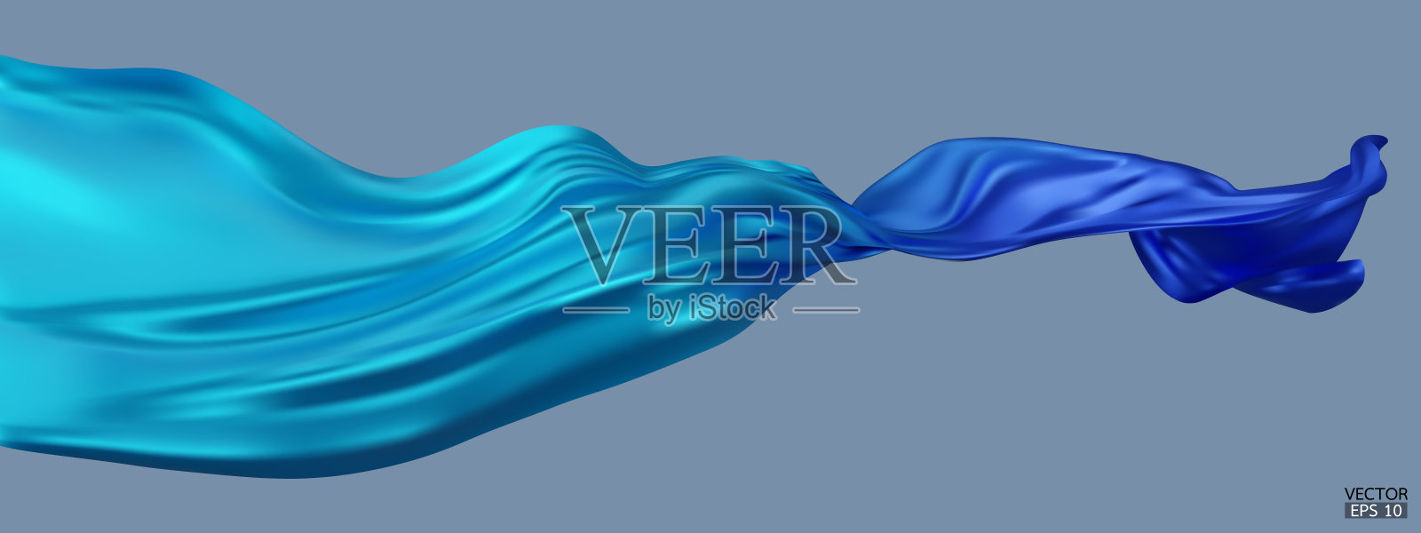 飞行梯度浅到深蓝丝绸纺织织物旗孤立在蓝色背景。光滑优雅的彩色渐变缎隆重开幕仪式。三维矢量插图。插画图片素材