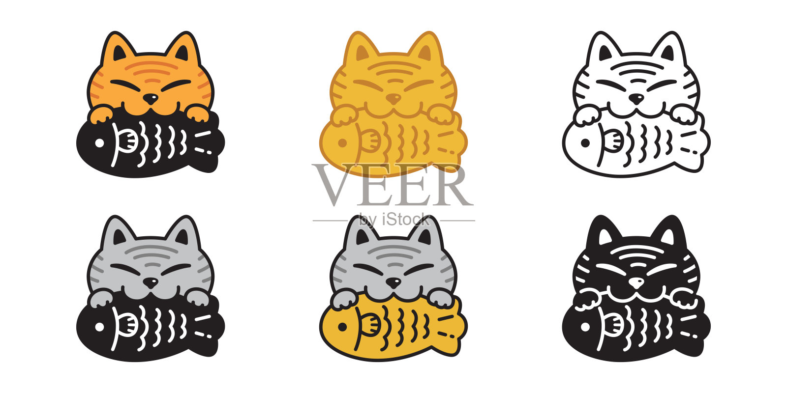 猫矢量小猫印花布图标吃鱼太烧日本食品标志宠物品种卡通人物符号涂鸦邮票设计动物插图孤立插画图片素材