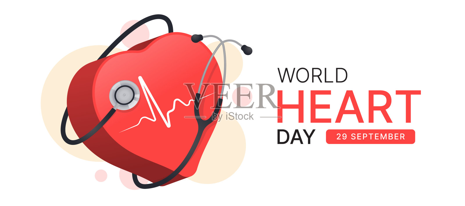 世界心脏日-听诊器滚动围绕3D心脏符号与线心律波矢量设计插画图片素材