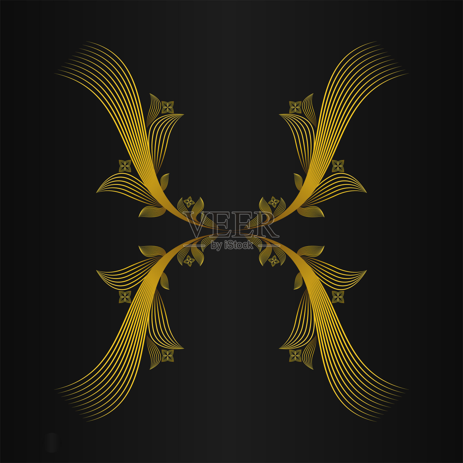 抽象的金色花朵装饰在黑色的背景。插画图片素材