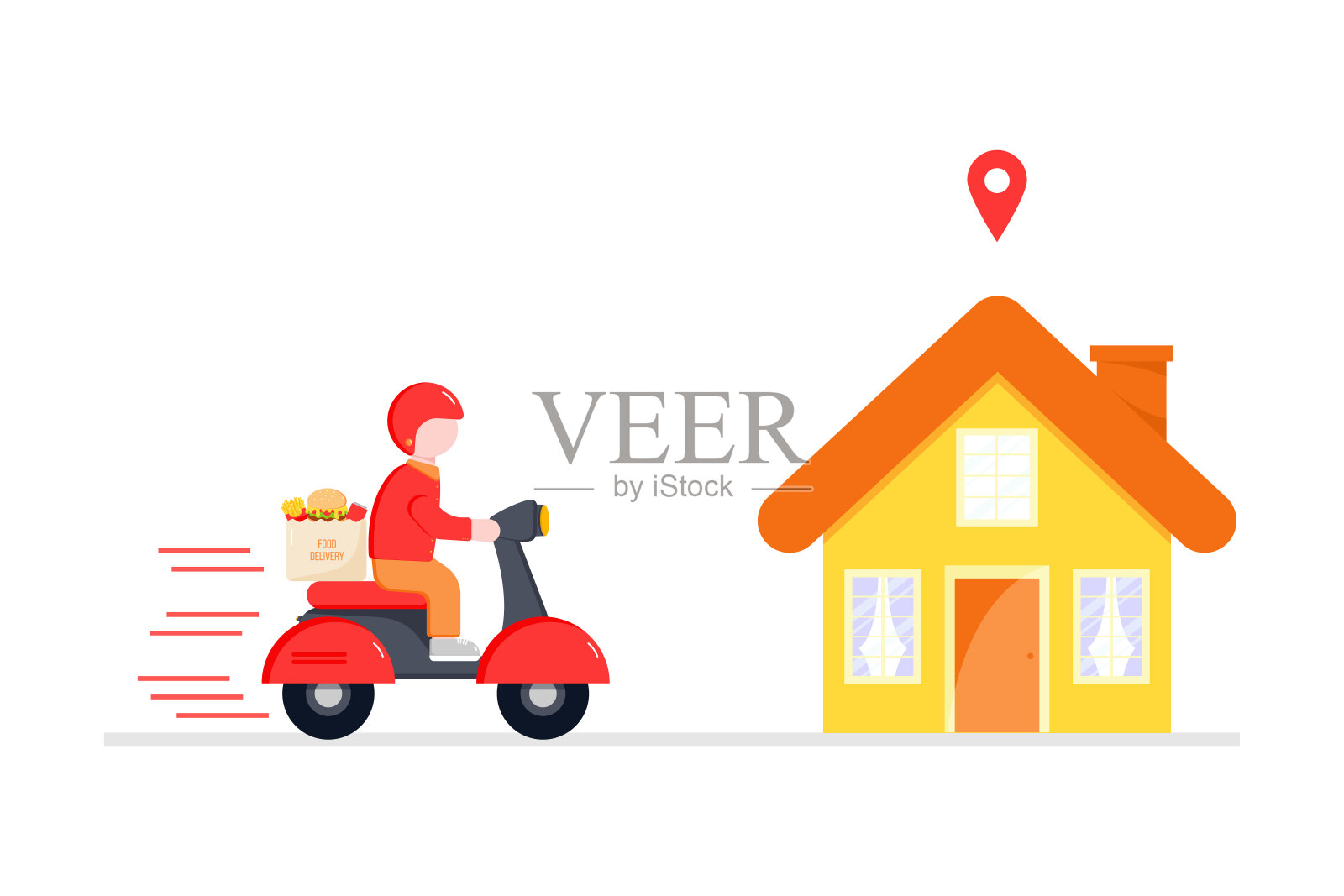 网上购物，外卖。图标快递，送货到家。安全送货的理念，由红色小摩托车、轻便摩托车、摩托车组成。平的风格插画图片素材