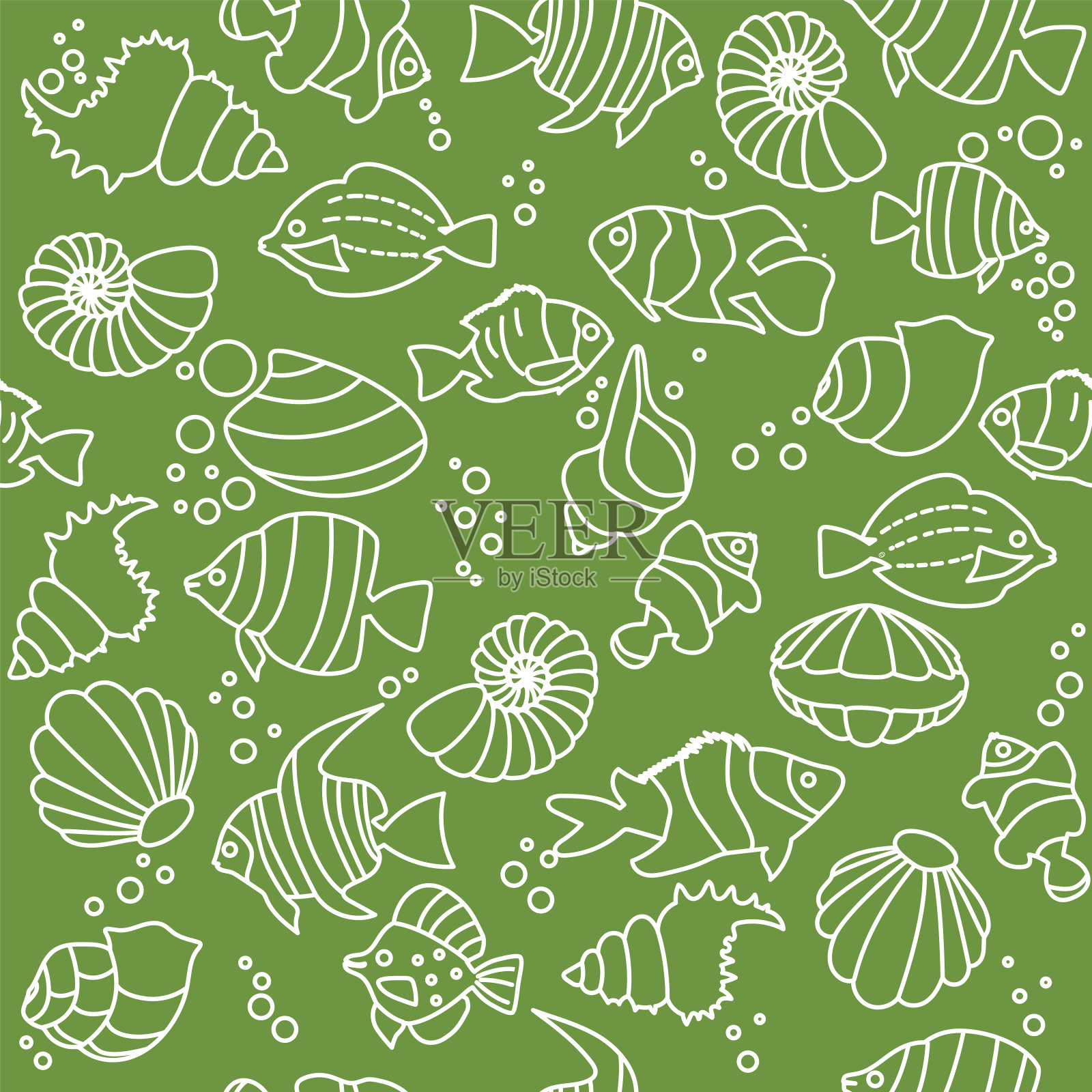 无缝图案热带鱼、贝壳线条艺术风格。可爱有趣的水下人物插画图片素材