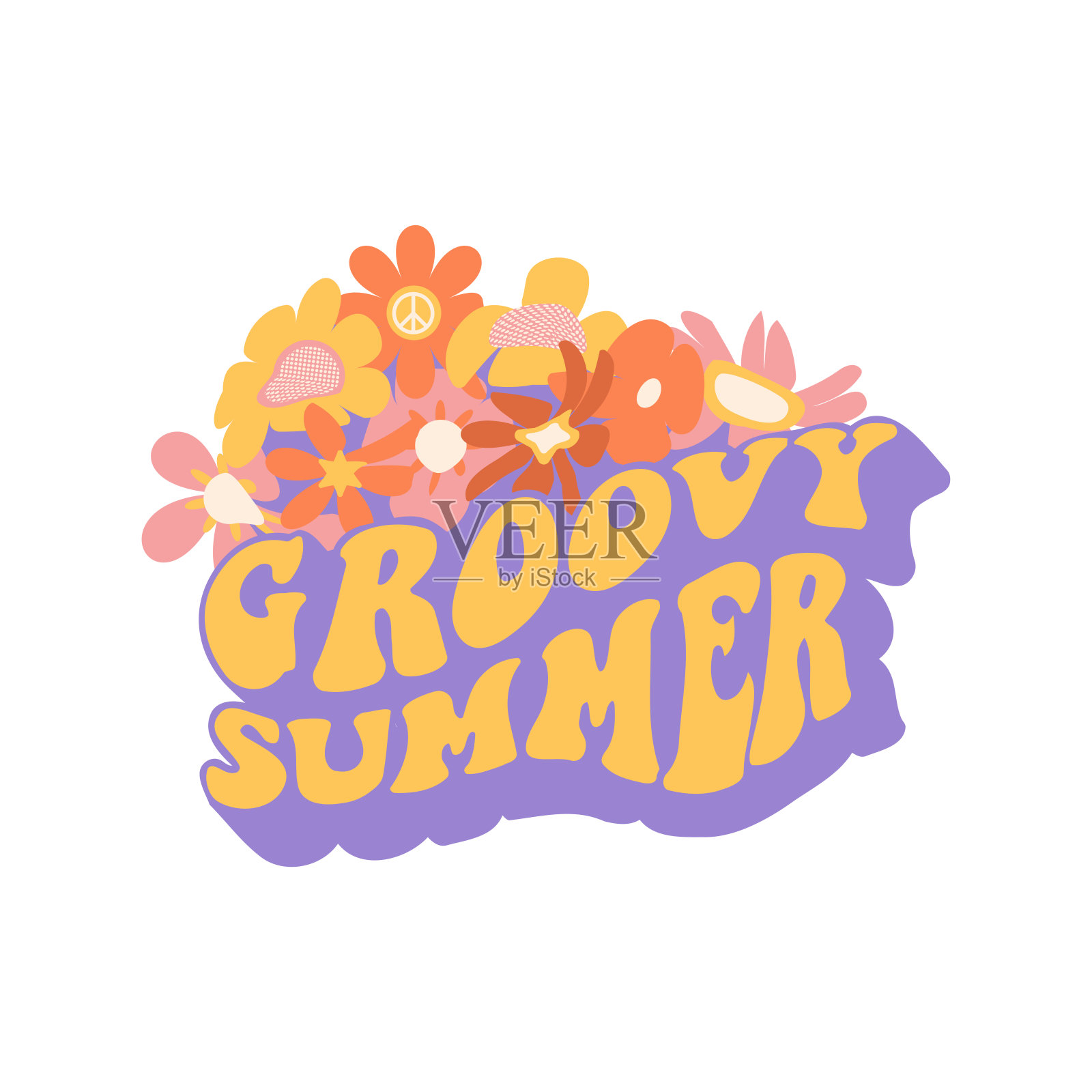 扭曲的夏季t恤印花，假日模式设计与大迷幻融化字母和迷幻花。复古70风格矢量概念的t恤或海报插画图片素材