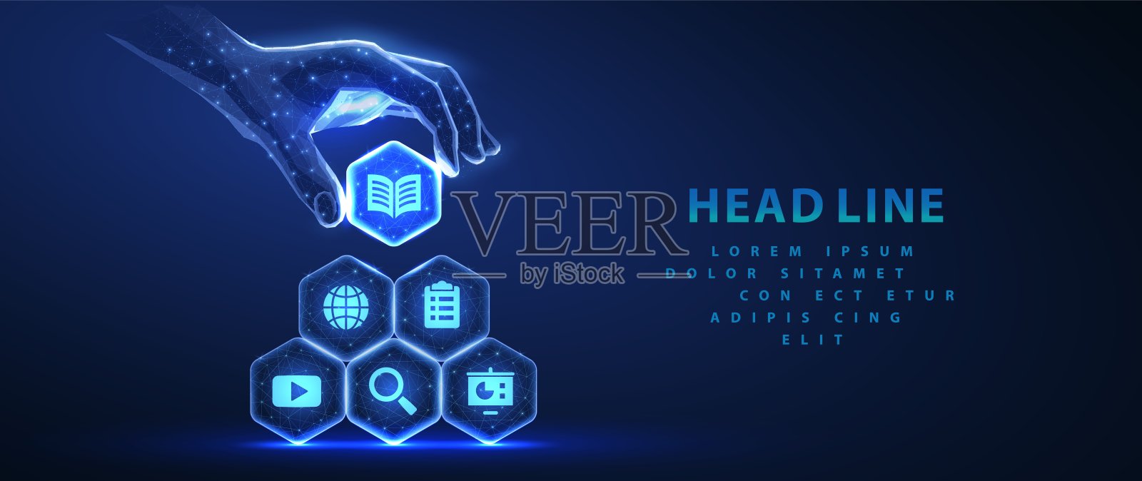 数字手使六角块金字塔与教育图标。在线教育、虚拟教师、人工智能助手插画图片素材