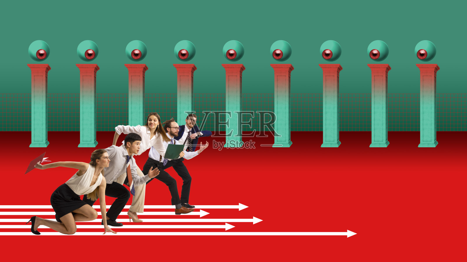 有竞争力，有抱负的年轻人，员工的工作方式成功和晋升。专业成长。当代艺术拼贴。照片摄影图片