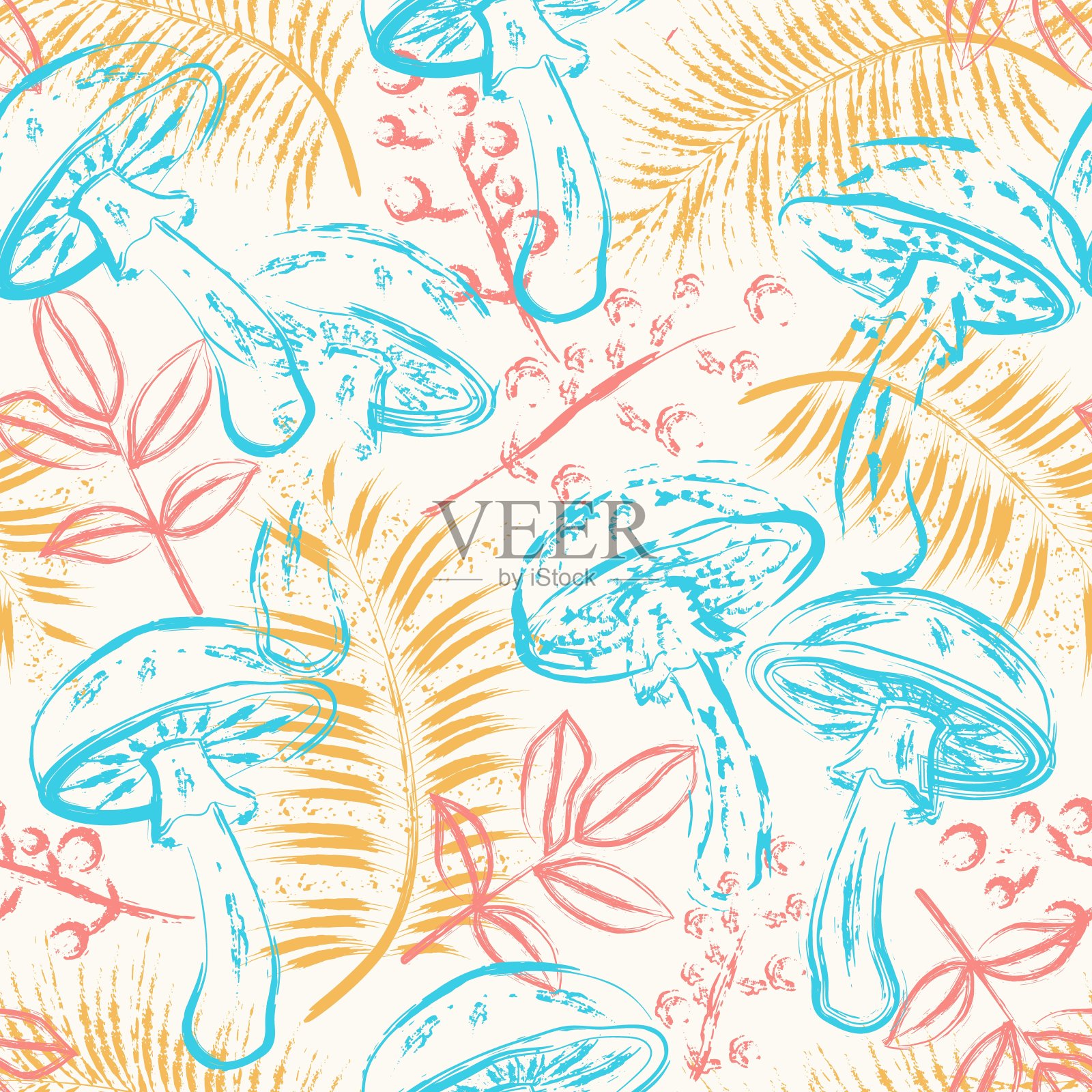 图案与幻想魔法蘑菇，森林树叶在垃圾风格。明亮的不寻常的性质，柔和的浅色在白色的背景。为了时髦的嬉皮设计插画图片素材