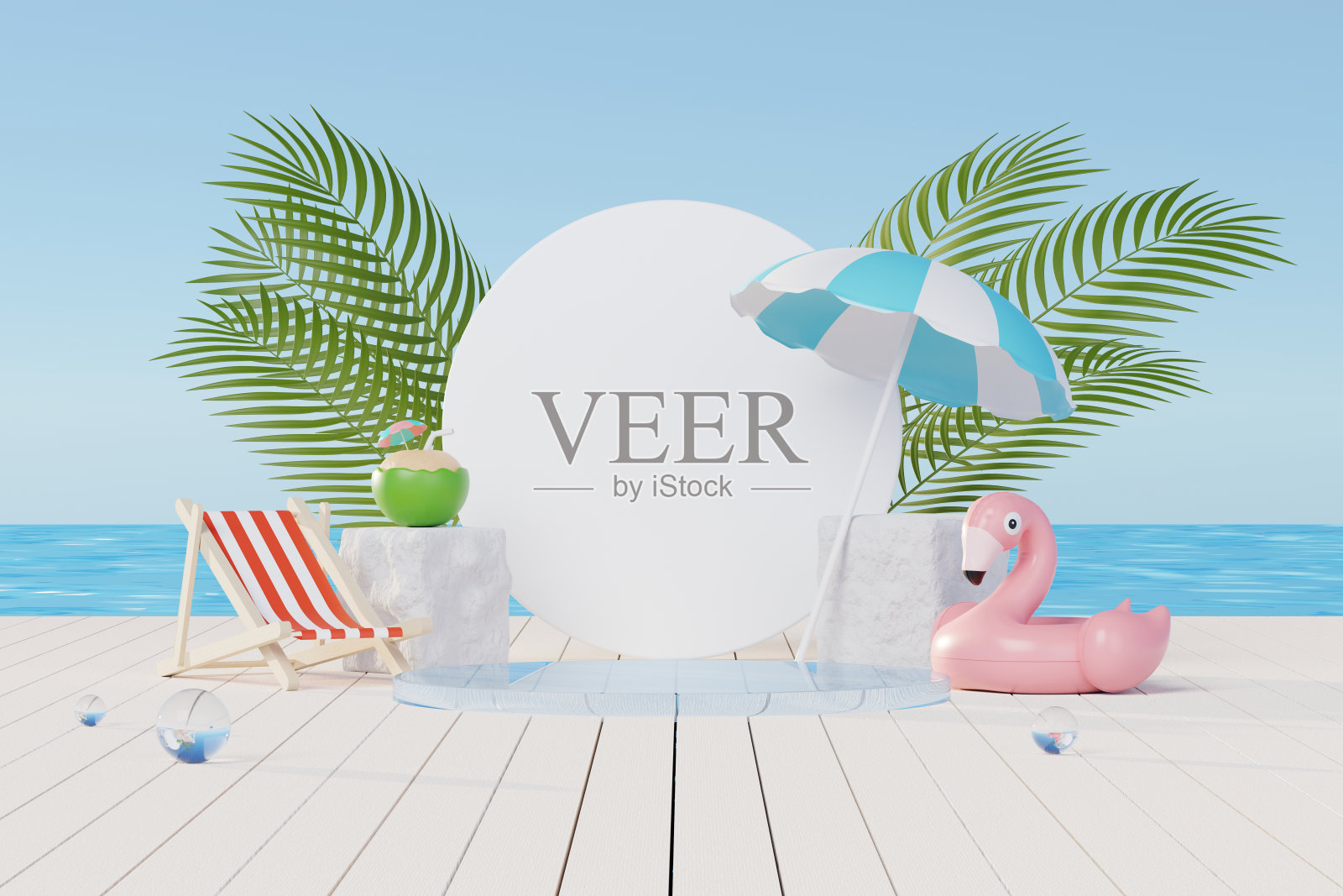 3D渲染暑假抽象产品展示，极简逼真展示讲台以蓝色海洋为背景概念，化妆品以热带夏日岛、雨伞、充气环为主。照片摄影图片