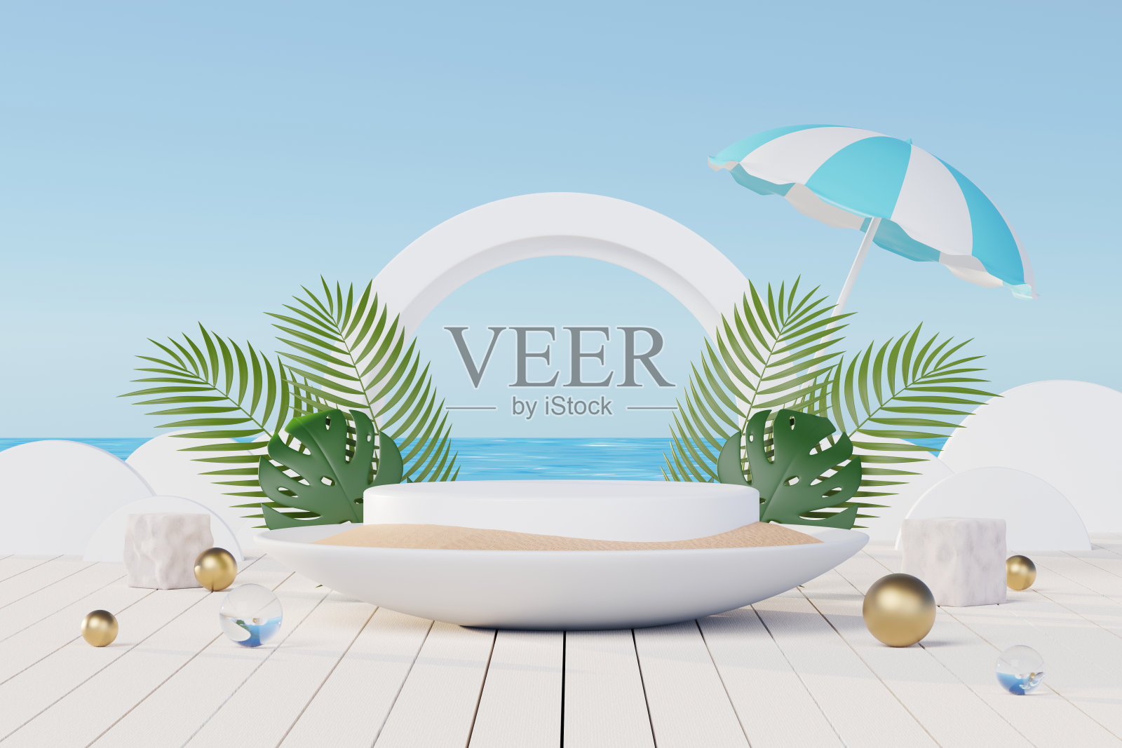 3D渲染暑假抽象产品展示，极简逼真展示讲台以蓝色海洋为背景概念，化妆品以热带夏日岛、雨伞、充气环为主。照片摄影图片