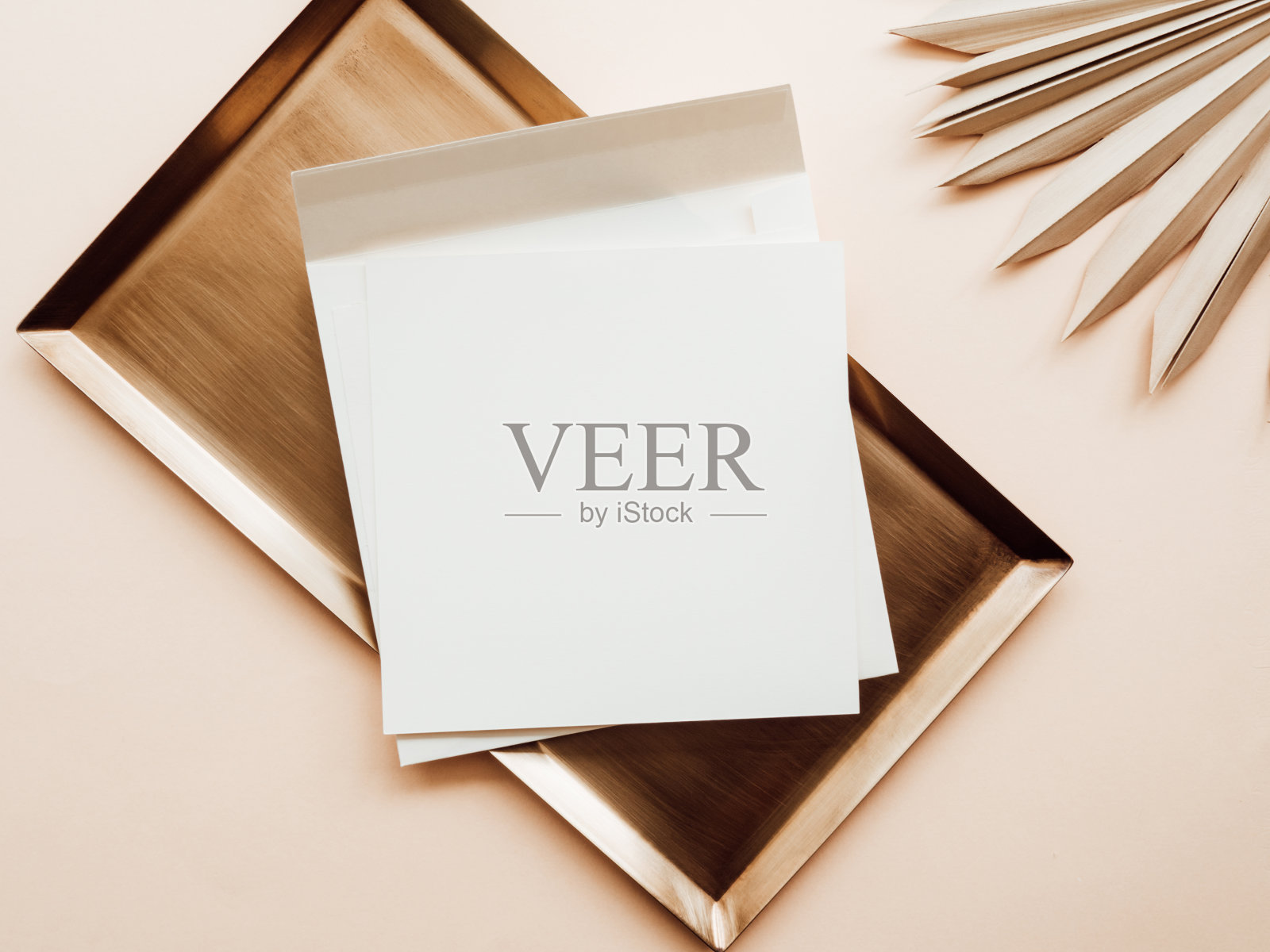 白色空白纸方形卡片模型，信封在金托盘和干棕榈叶在米色背景照片摄影图片