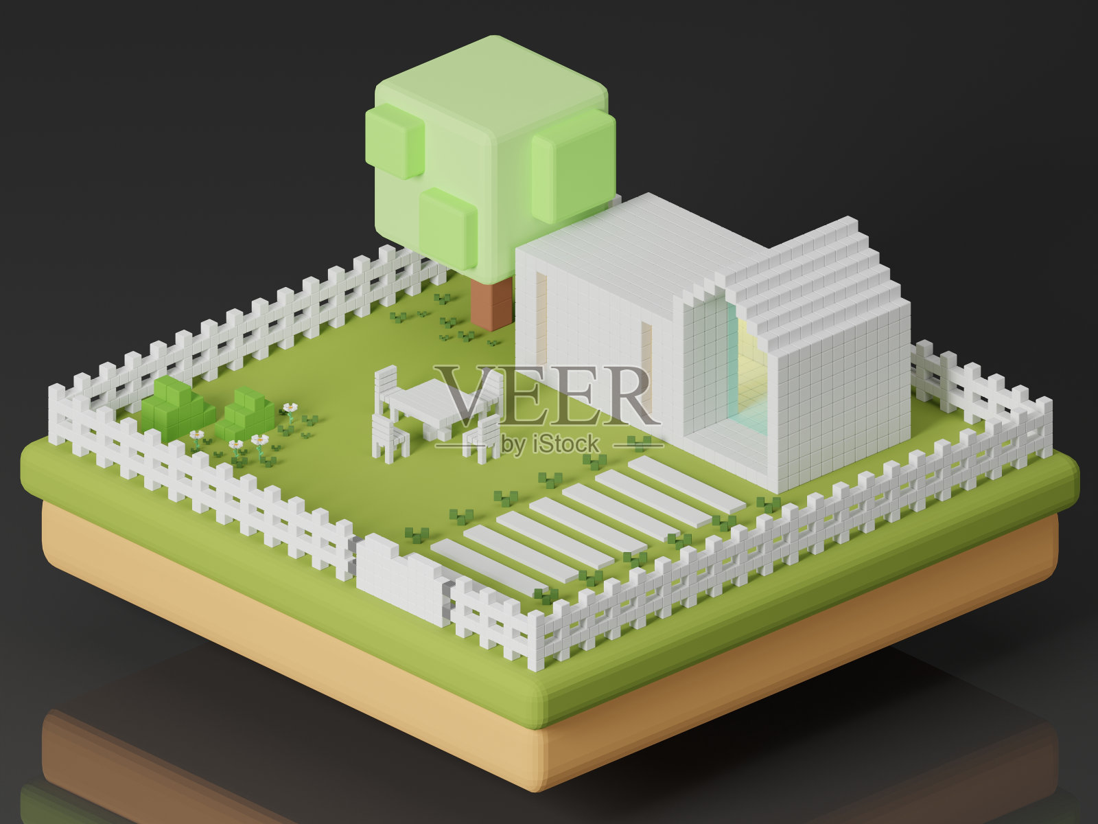 三维等距像素现代住宅与餐桌在花园黑色背景。照片摄影图片