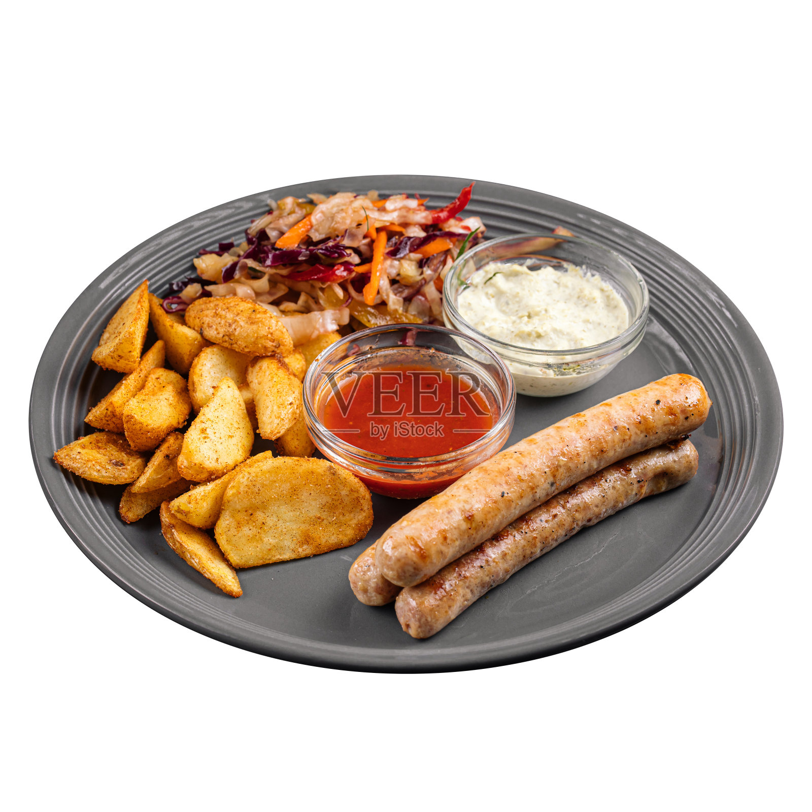 部分鸡肉香肠配土豆照片摄影图片