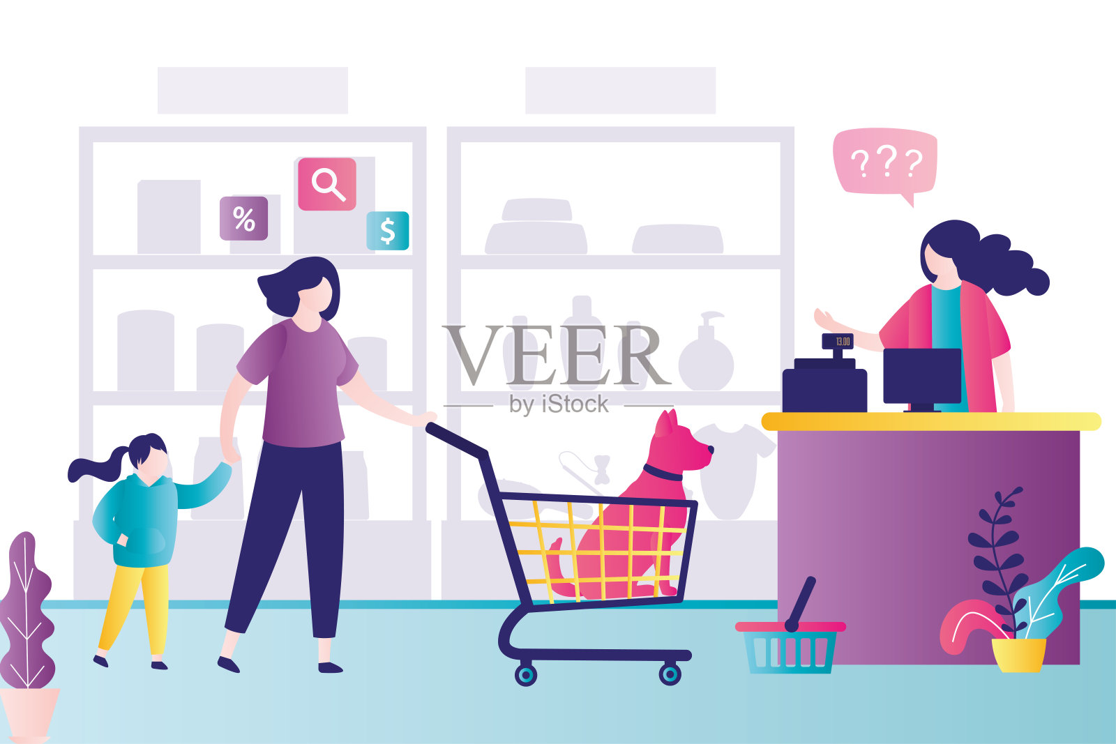 宠物店里，母女俩推着购物车，推着狗。宠物店销售时间，折扣。家养宠物和动物的配件和食物。卖方在收银台。插画图片素材