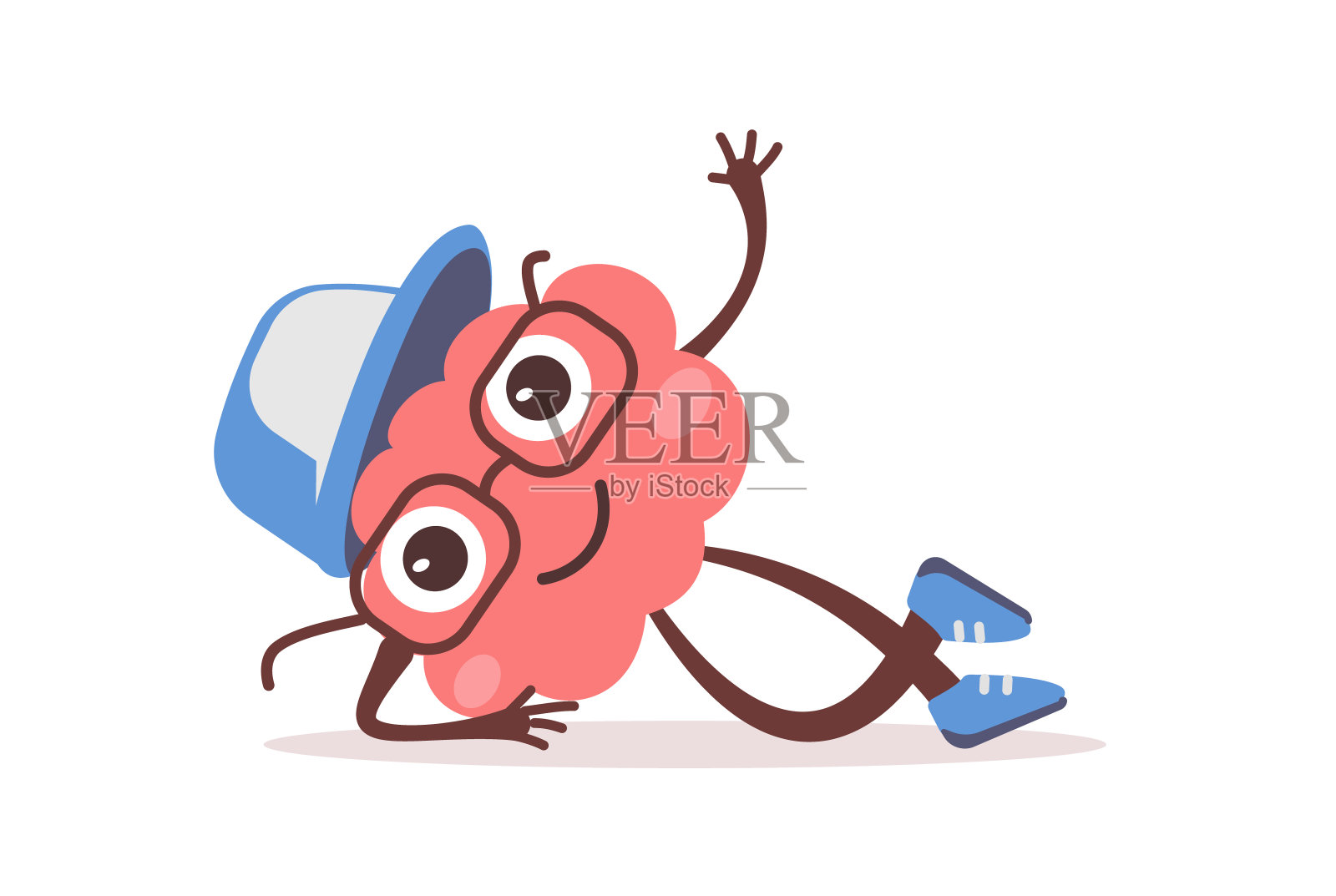 向量插图快乐的大脑人物与眼镜和帽子躺下休息。商业粉脑字在白色背景上的平面设计插画图片素材