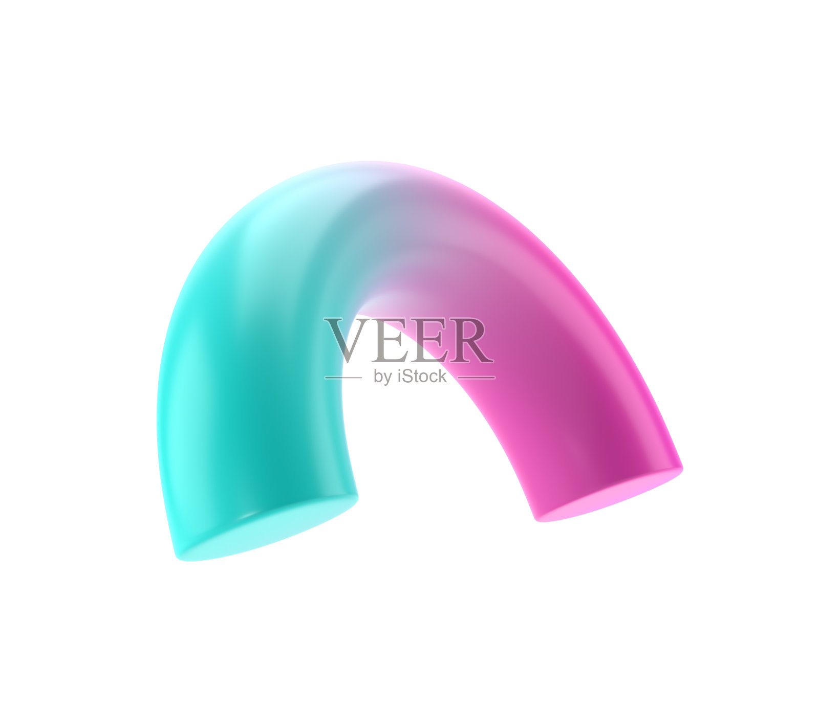 三维抽象形状半月形几何金属。逼真的光泽绿松石和丁香梯度豪华模板装饰设计插图。极简主义明亮的半甜甜圈模型与剪切路径隔离照片摄影图片