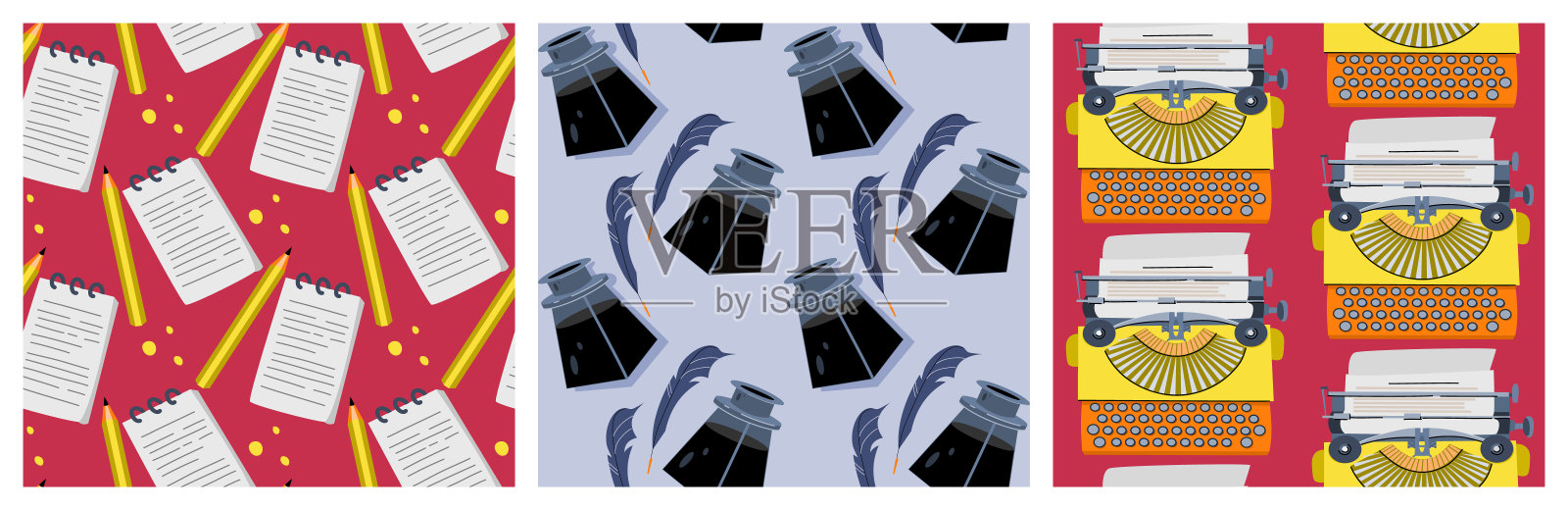 矢量插图无缝模式-写作和新闻的概念。打字机，钢笔和墨水，铅笔和记事本插画图片素材