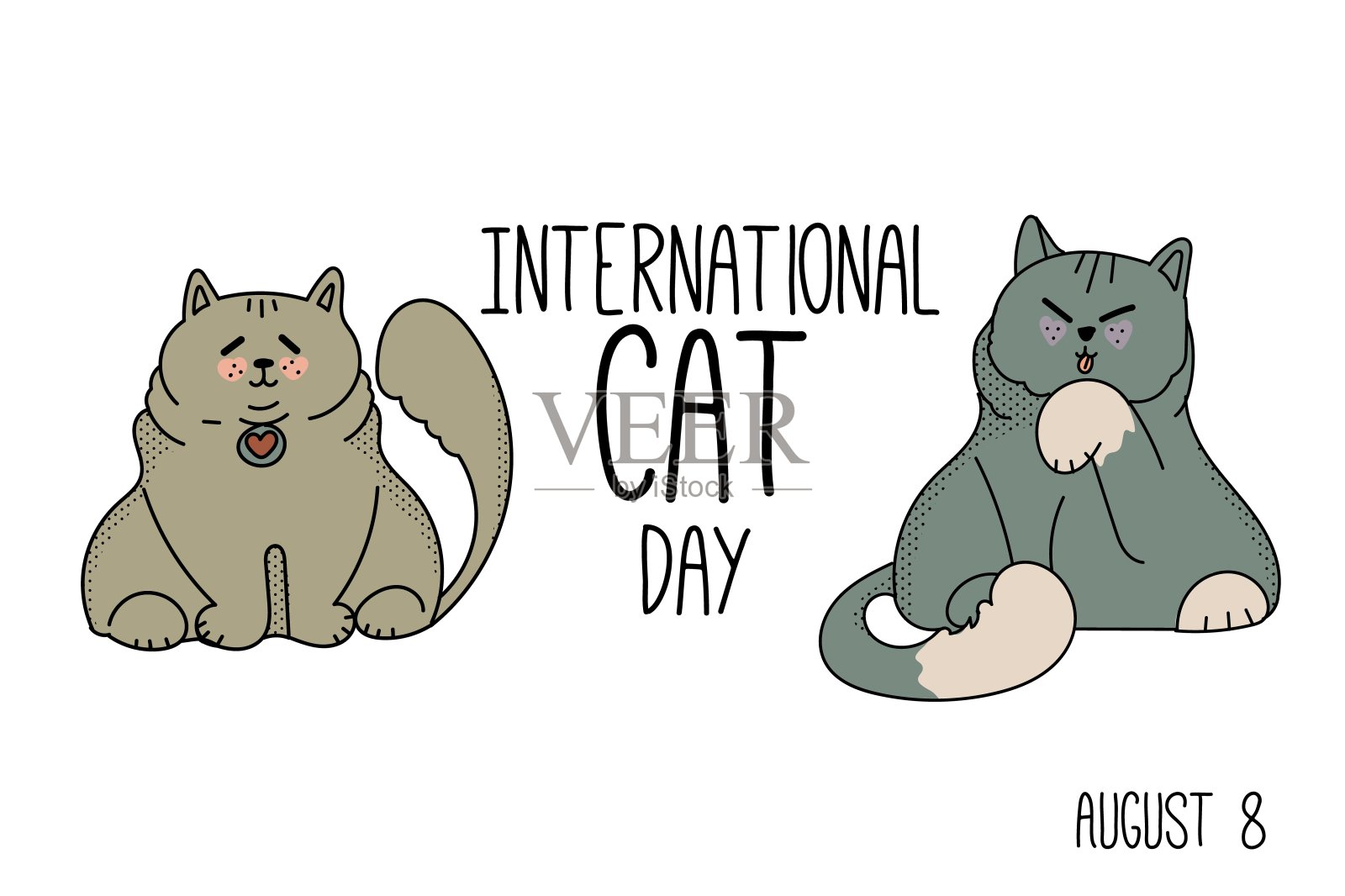 8月8日国际猫日明信片。快乐的国际猫日人物设计集合与平坦的颜色。插图与口号的衣服，印刷品，横幅，徽章，海报，贴纸插画图片素材