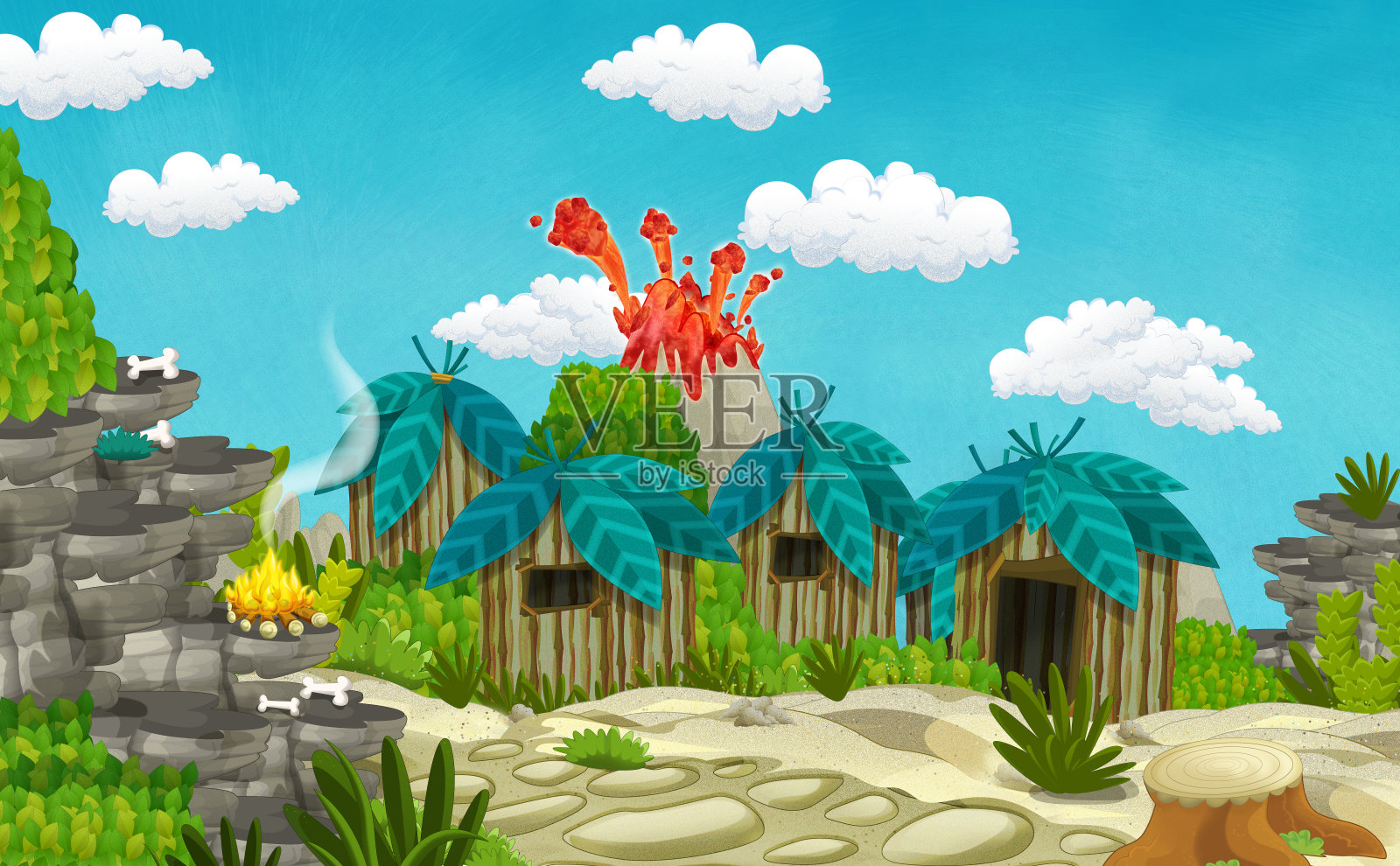 以火山为背景的卡通山顶洞人村庄景象-儿童插图插画图片素材
