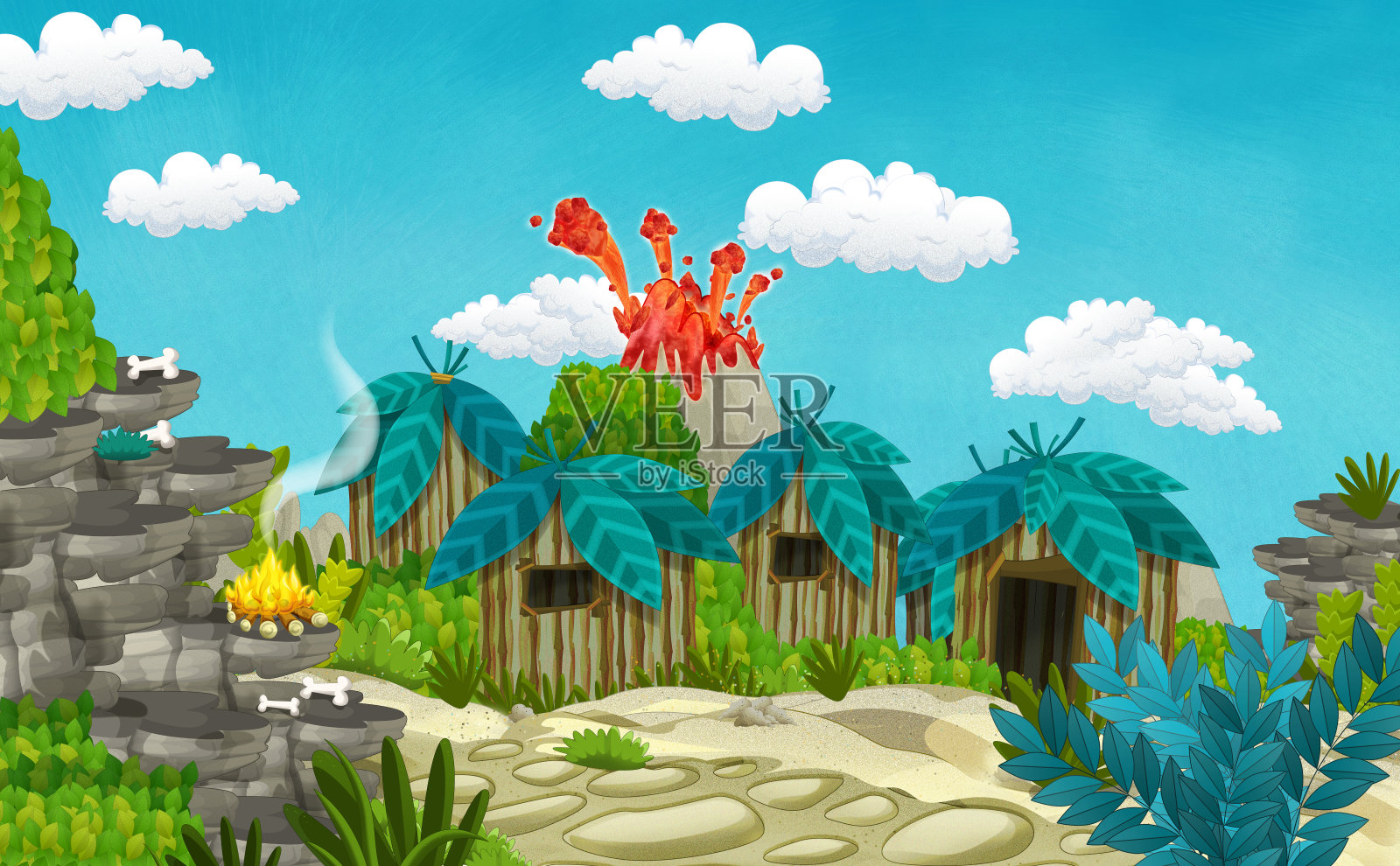 以火山为背景的卡通山顶洞人村庄景象-儿童插图插画图片素材