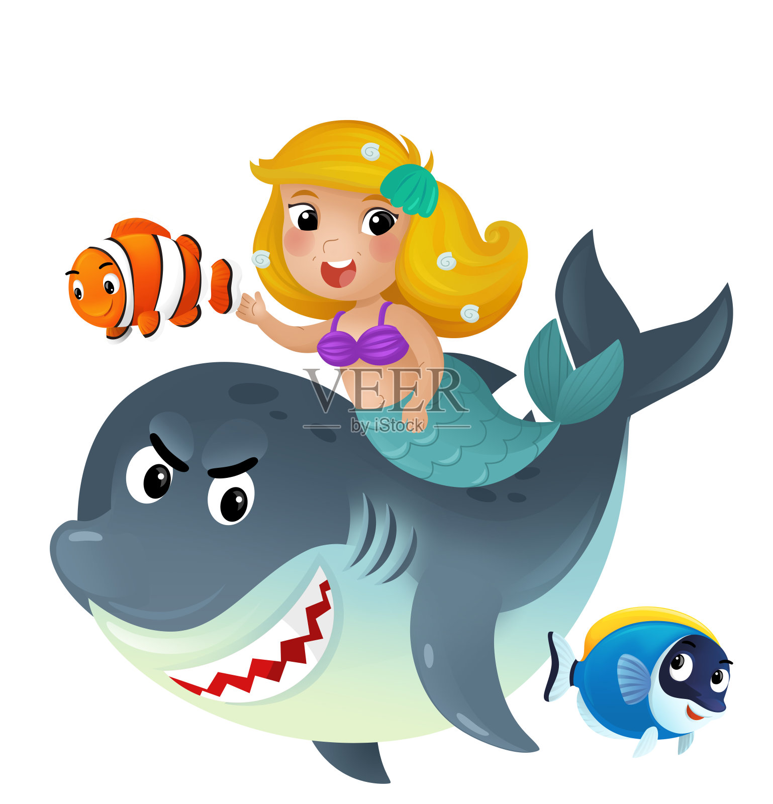 卡通场景与美人鱼，公主和鲨鱼一起游泳与珊瑚礁鱼的乐趣孤立插图的孩子插画图片素材