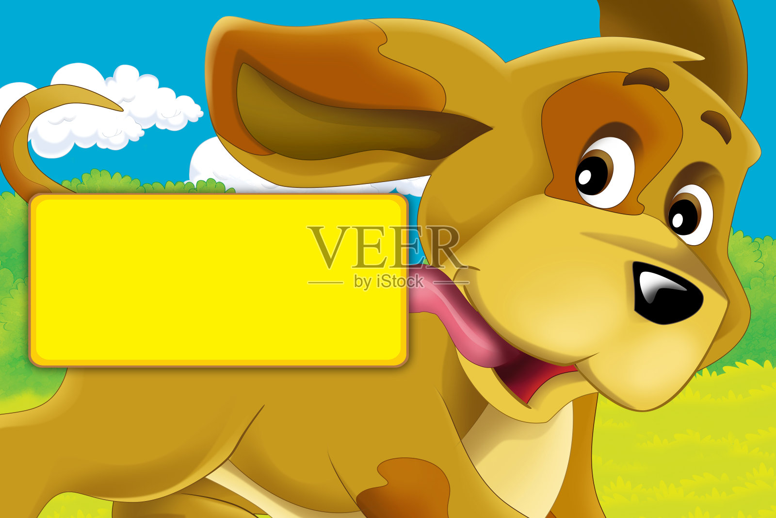 卡通场景与狗在农场有乐趣与框架文字插图的孩子插画图片素材