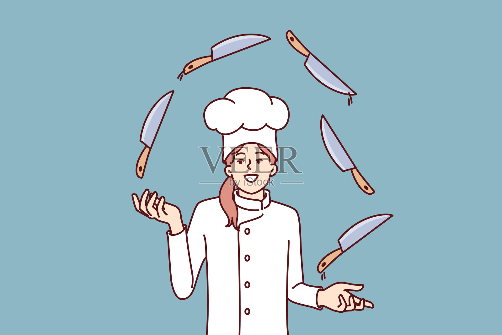 女厨师耍刀，展示专业技能，承诺烹饪美味的晚餐插画图片素材