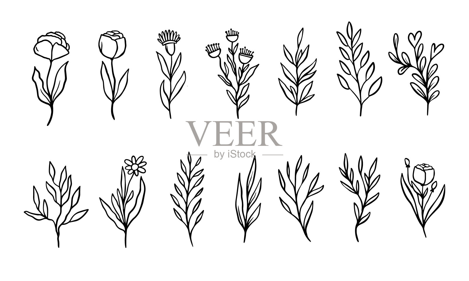 涂鸦元素枝和花的设置。轮廓黑色矢量艺术插图插画图片素材