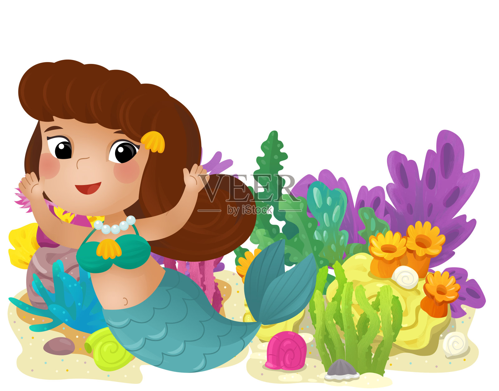 卡通场景与珊瑚礁游泳快乐美人鱼女孩孤立元素插图的孩子插画图片素材